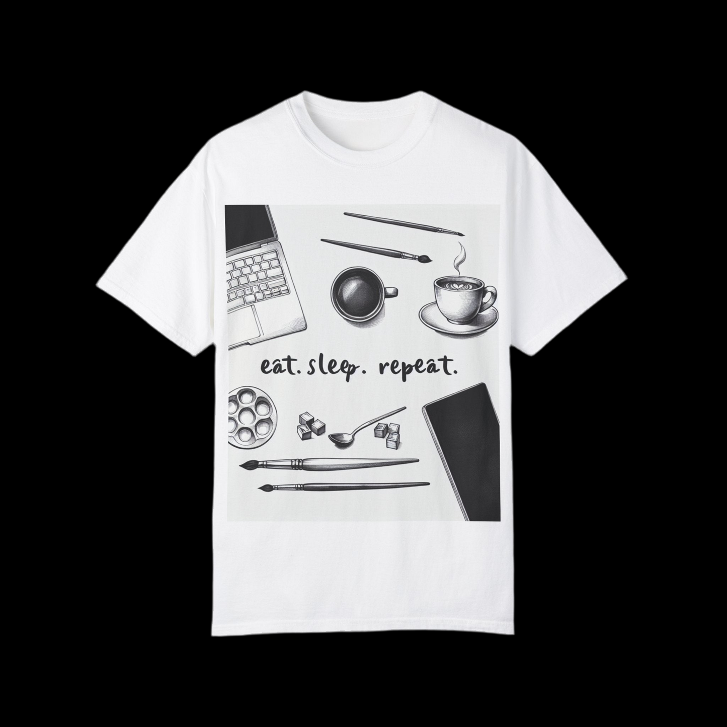 Unisex Garment-Dyed T-Shirt - Eat Sleep Repeat Coffee & Creativity Design