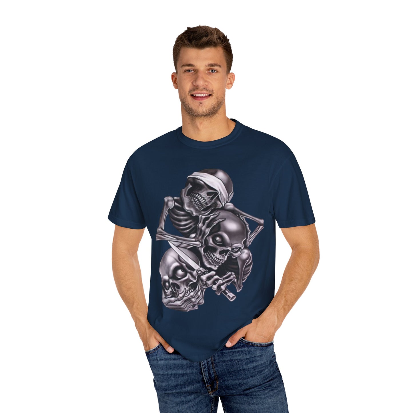 Unisex Garment-Dyed T-Shirt with Skull Design -hear no evil speak no evil see no evil- Edgy Streetwear for Halloween and Everyday