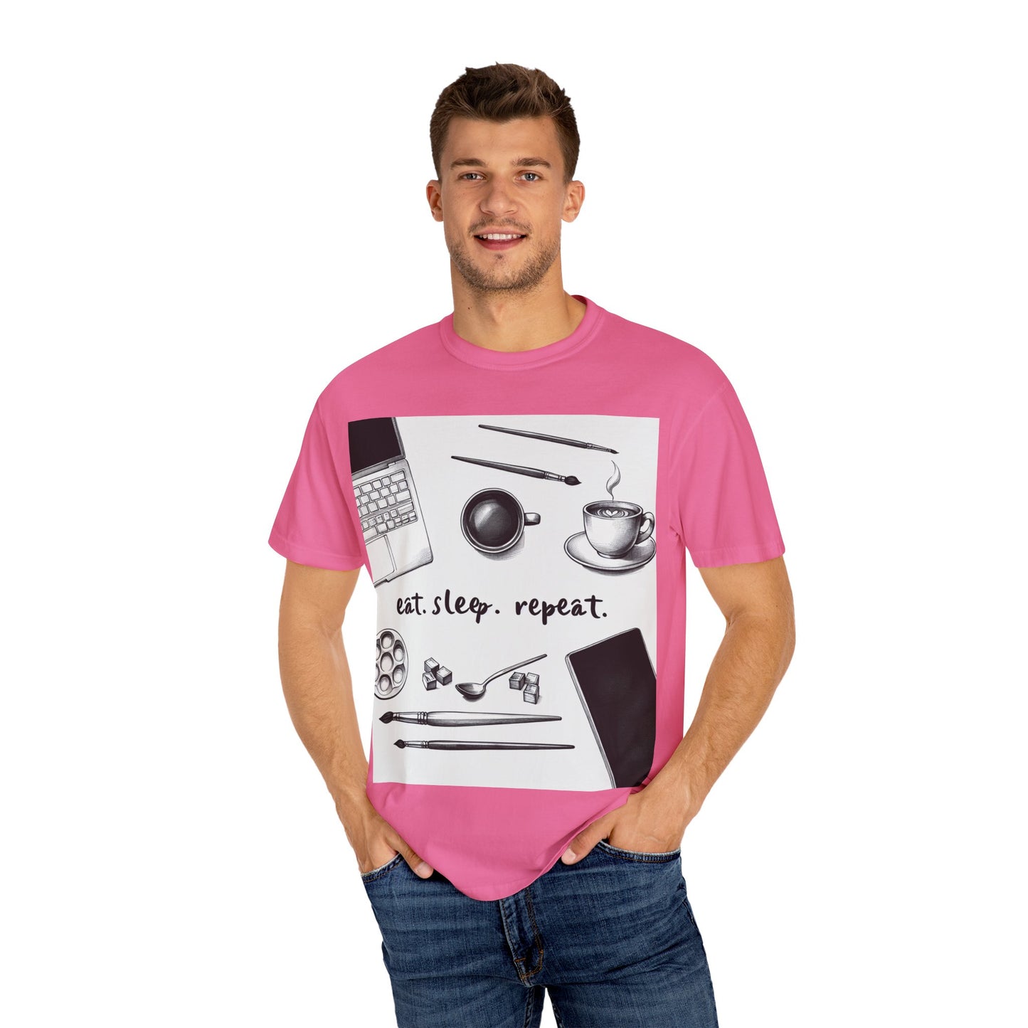 Unisex Garment-Dyed T-Shirt - Eat Sleep Repeat Coffee & Creativity Design