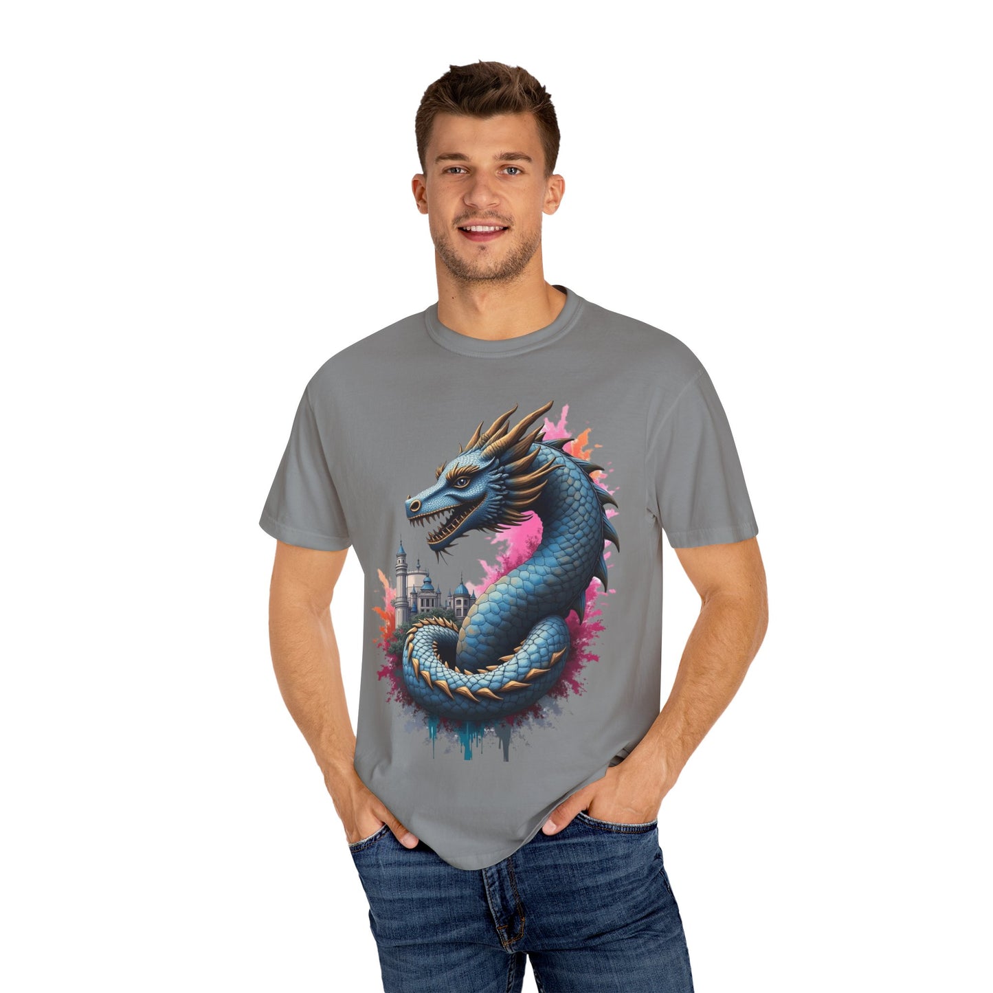 Fantasy Dragon Graphic Unisex T-Shirt - Colorful Castle Design