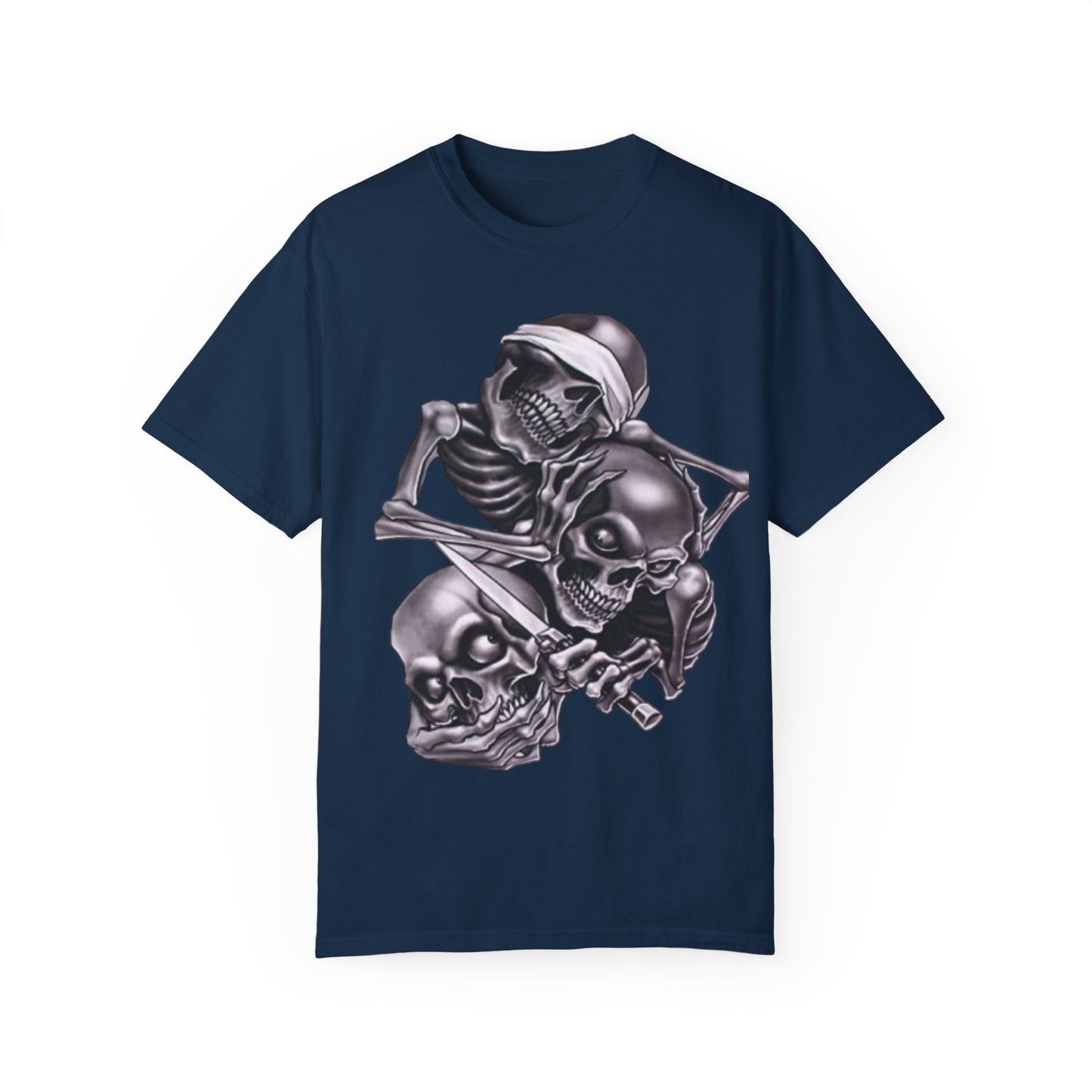 Unisex Garment-Dyed T-Shirt with Skull Design -hear no evil speak no evil see no evil- Edgy Streetwear for Halloween and Everyday