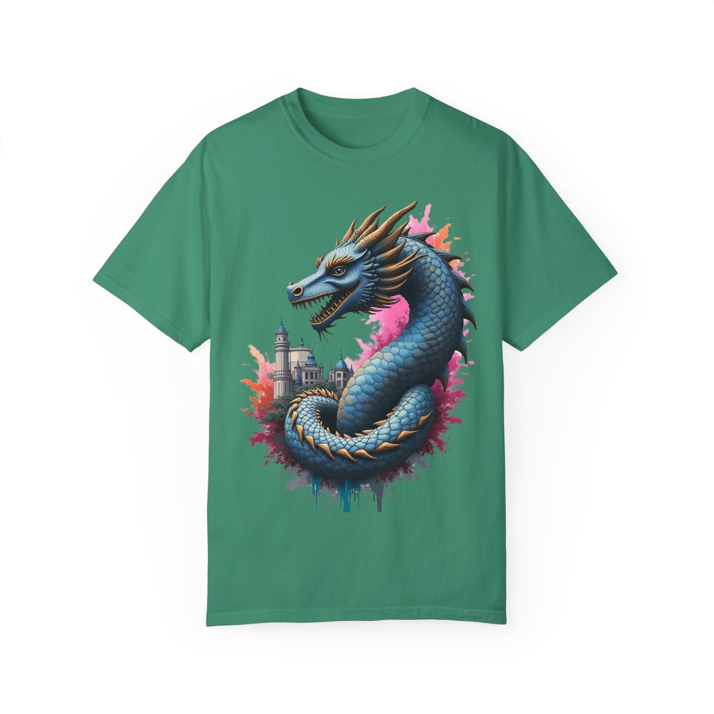 Fantasy Dragon Graphic Unisex T-Shirt - Colorful Castle Design