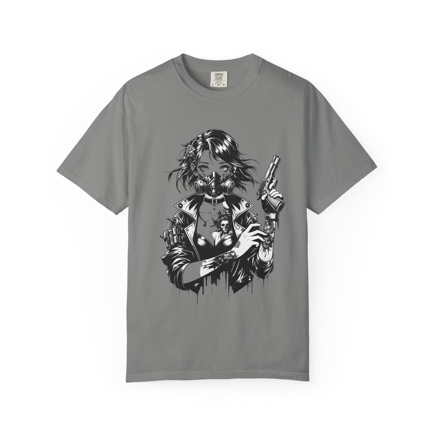 Edgy Graphic T-Shirt - Rebel Woman with Gun Design