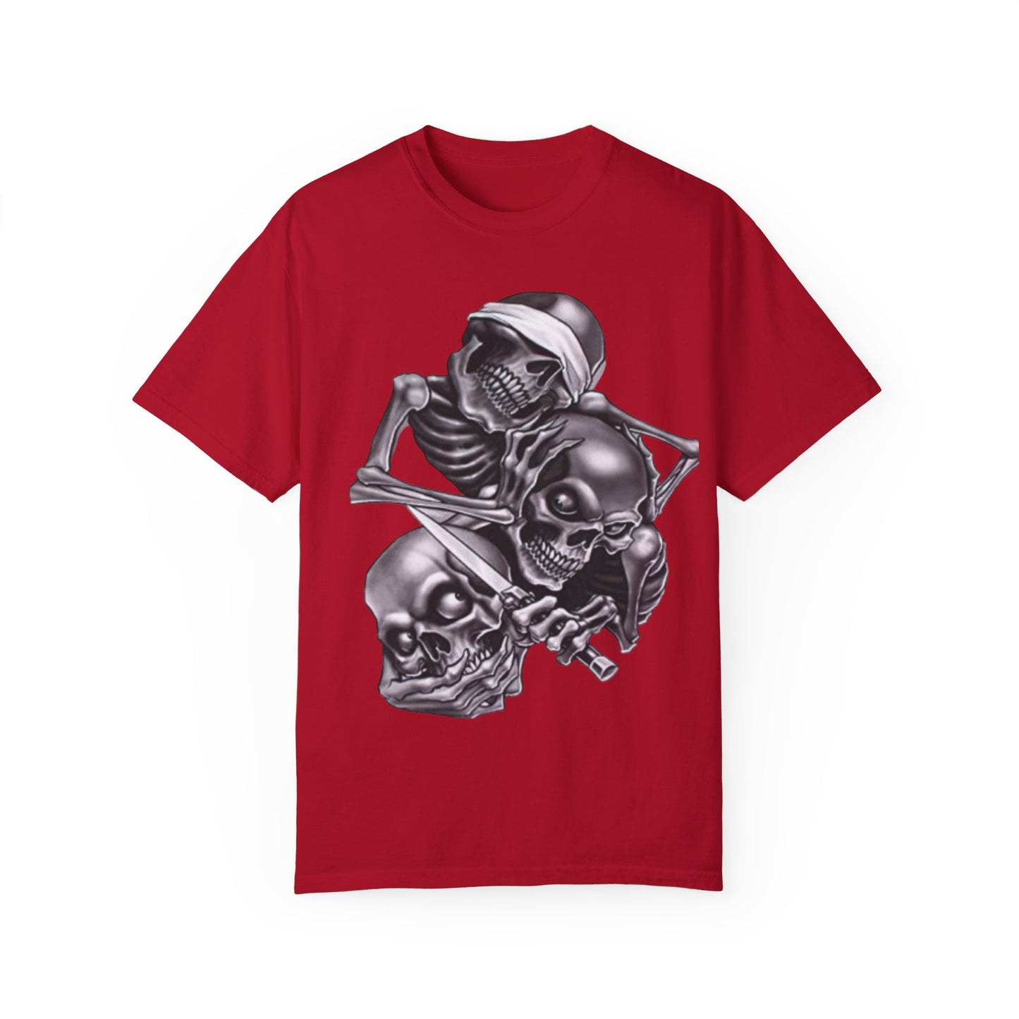 Unisex Garment-Dyed T-Shirt with Skull Design -hear no evil speak no evil see no evil- Edgy Streetwear for Halloween and Everyday