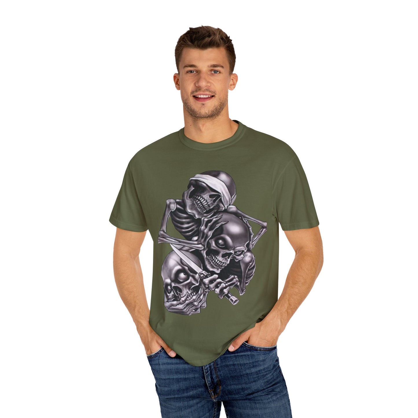 Unisex Garment-Dyed T-Shirt with Skull Design -hear no evil speak no evil see no evil- Edgy Streetwear for Halloween and Everyday