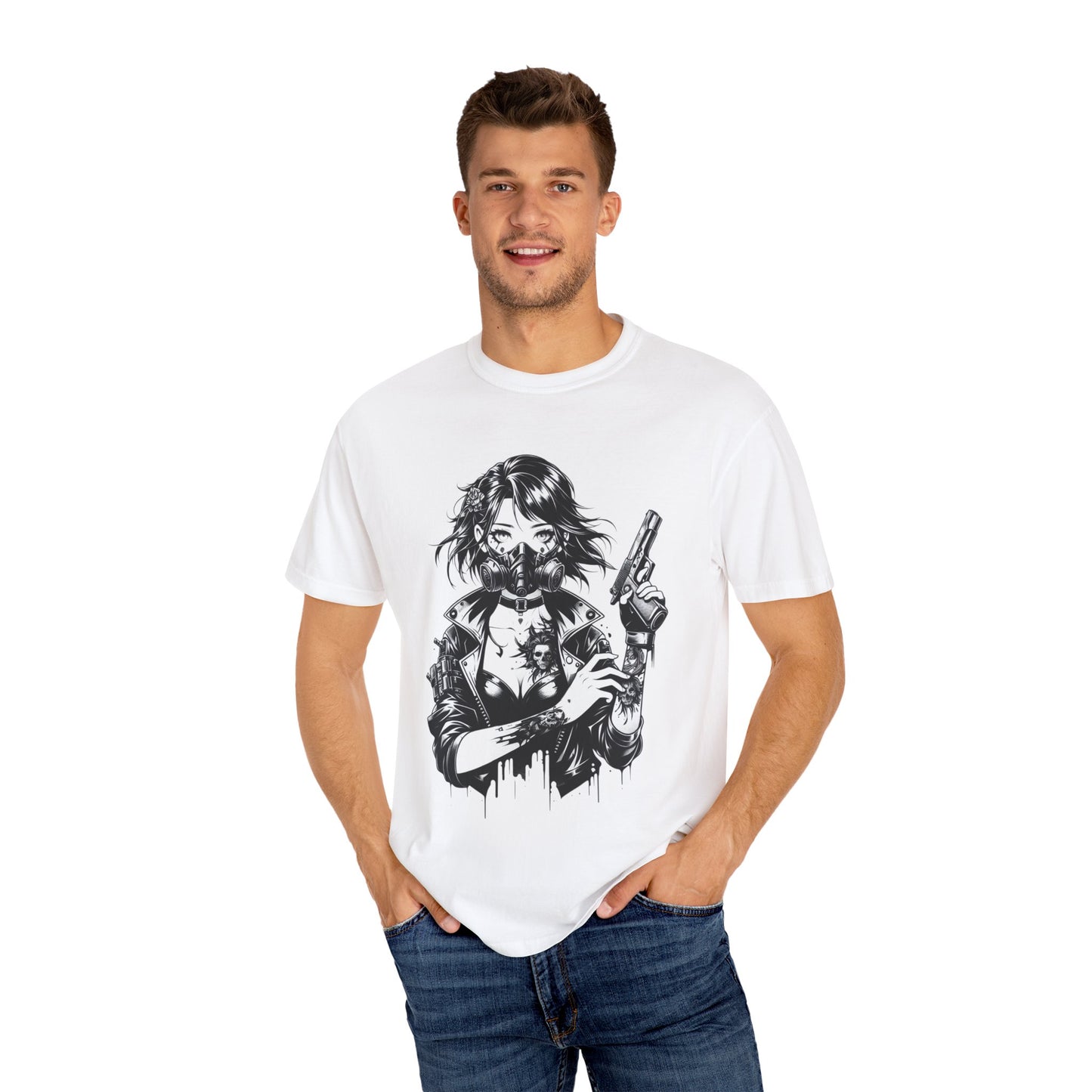 Edgy Graphic T-Shirt - Rebel Woman with Gun Design