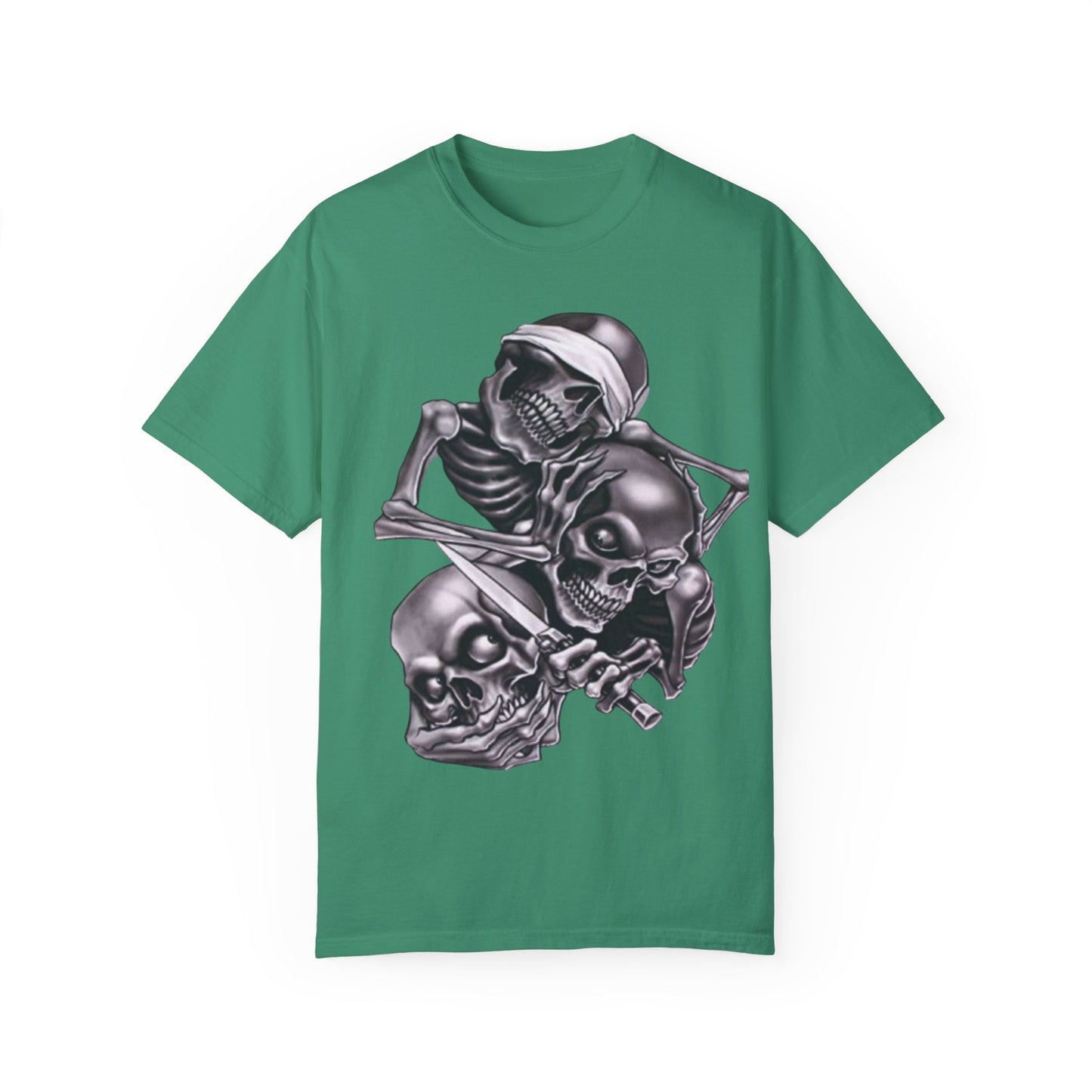 Unisex Garment-Dyed T-Shirt with Skull Design -hear no evil speak no evil see no evil- Edgy Streetwear for Halloween and Everyday