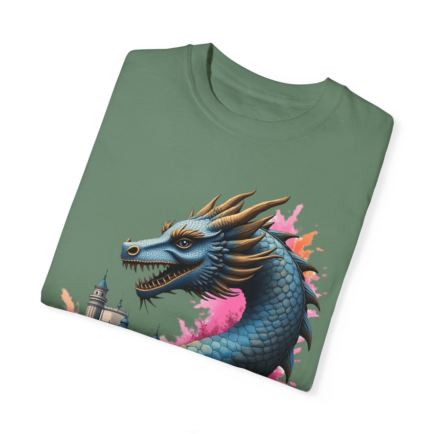 Fantasy Dragon Graphic Unisex T-Shirt - Colorful Castle Design