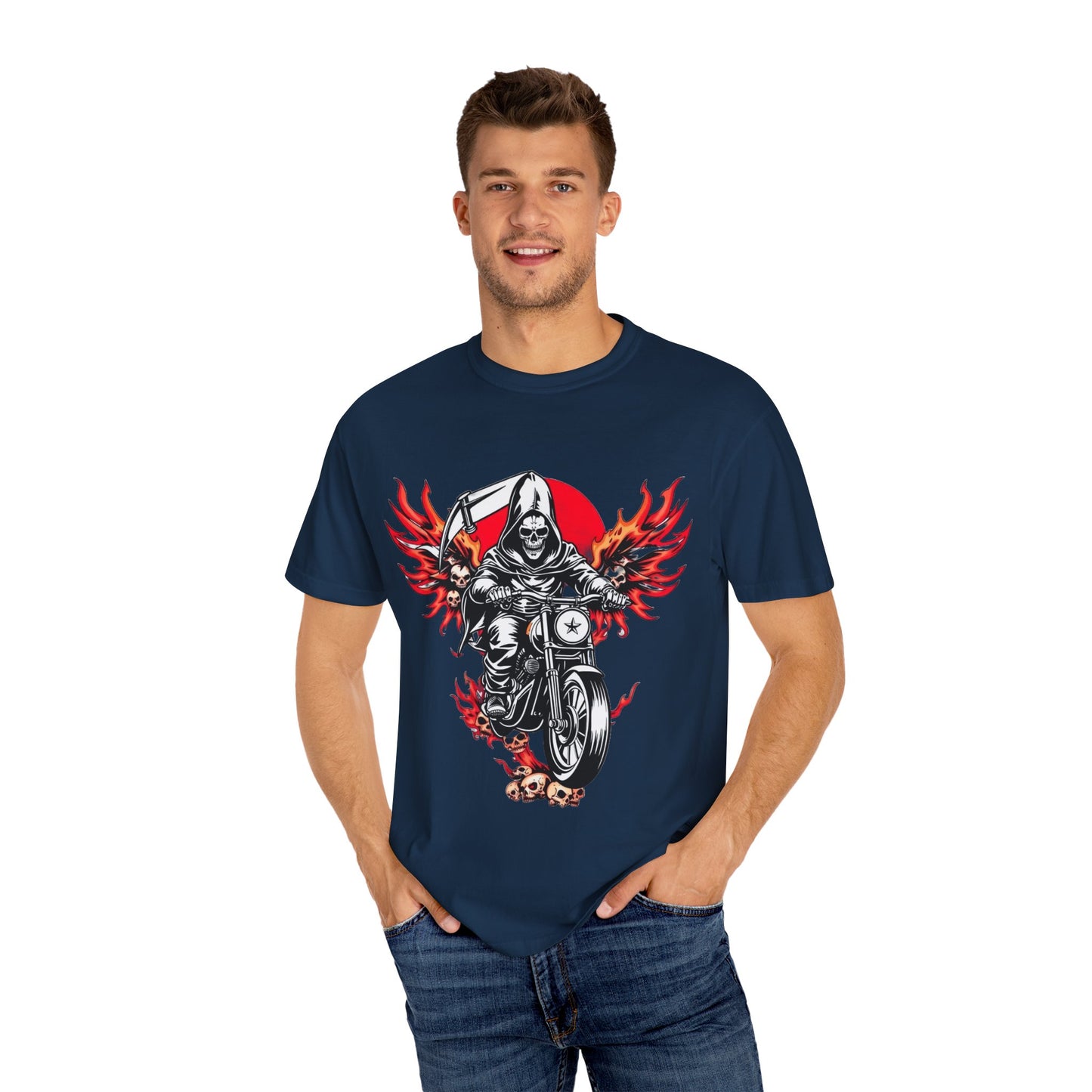 Unisex Motorcycle Grim Reaper T-Shirt - Bold Graphic Tee for Bikers and Rebels