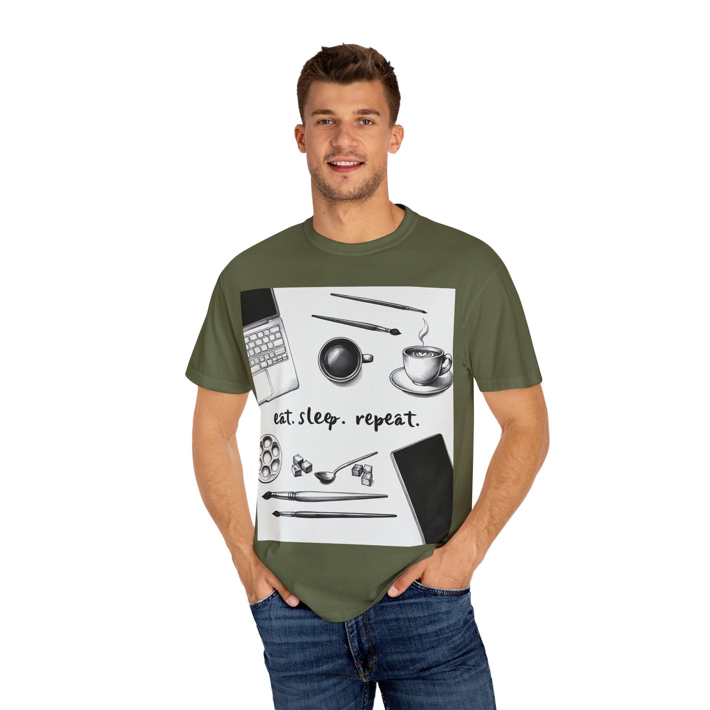 Unisex Garment-Dyed T-Shirt - Eat Sleep Repeat Coffee & Creativity Design