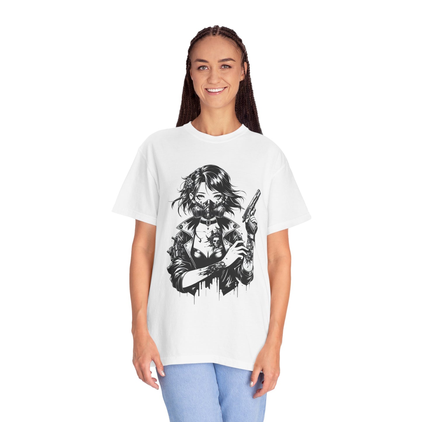 Edgy Graphic T-Shirt - Rebel Woman with Gun Design