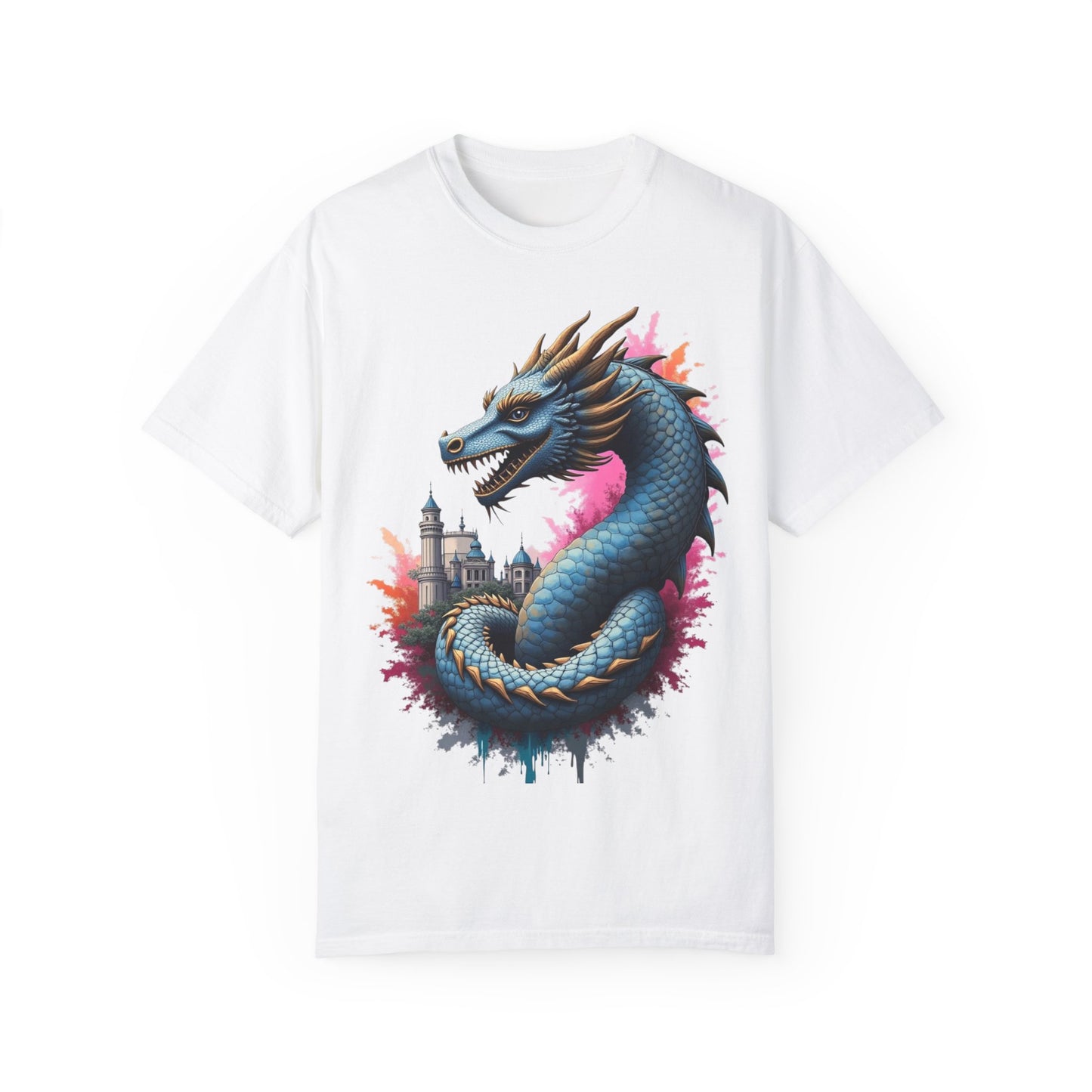 Fantasy Dragon Graphic Unisex T-Shirt - Colorful Castle Design