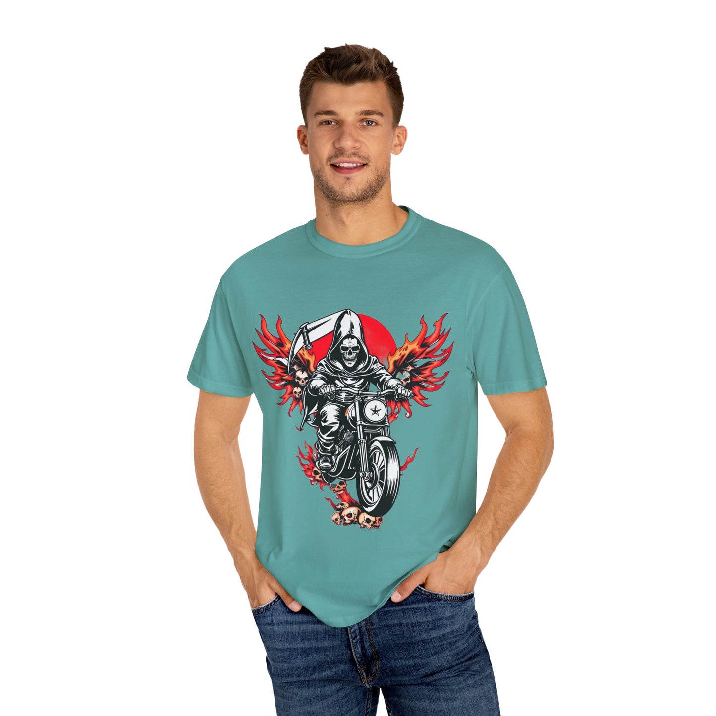 Unisex Motorcycle Grim Reaper T-Shirt - Bold Graphic Tee for Bikers and Rebels