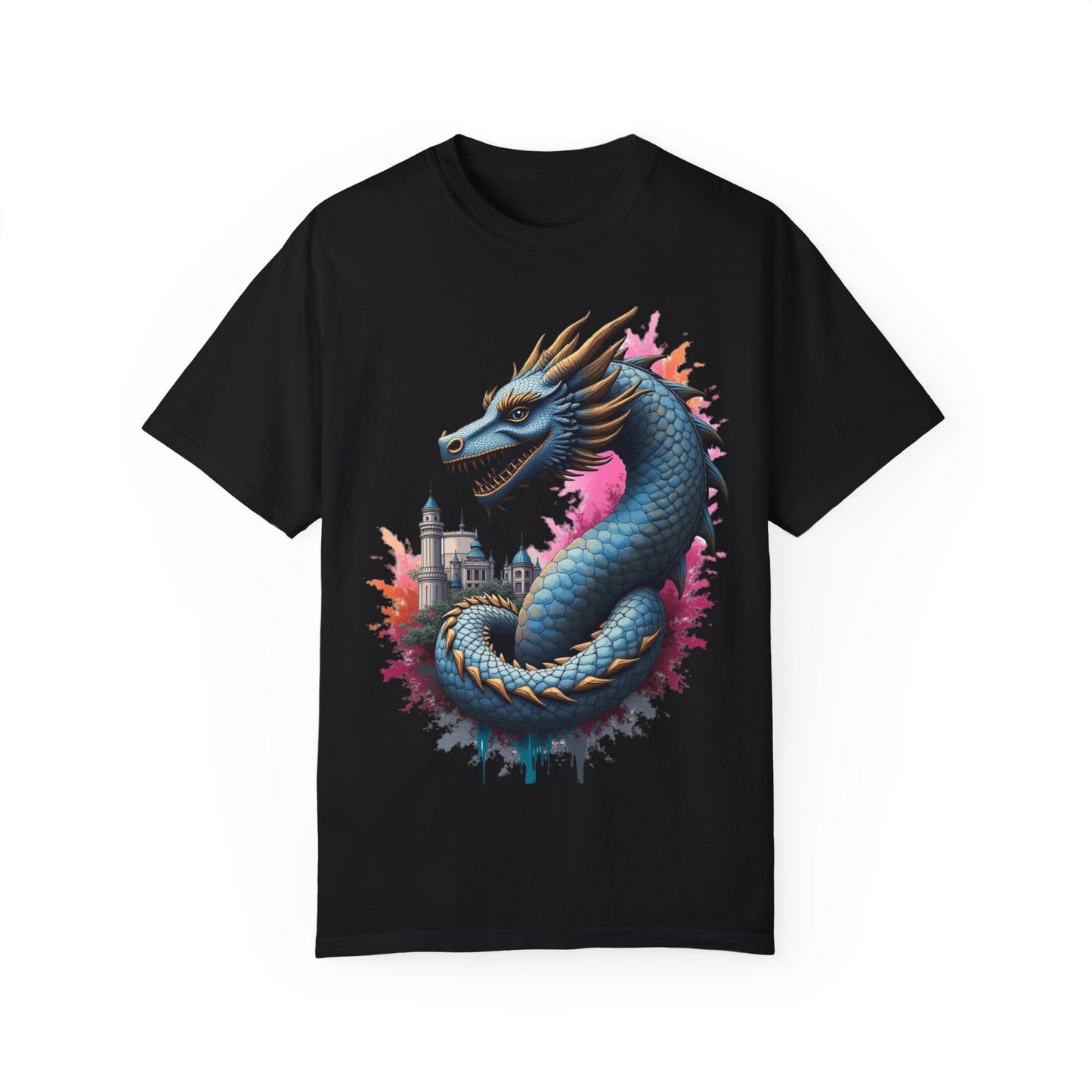 Fantasy Dragon Graphic Unisex T-Shirt - Colorful Castle Design