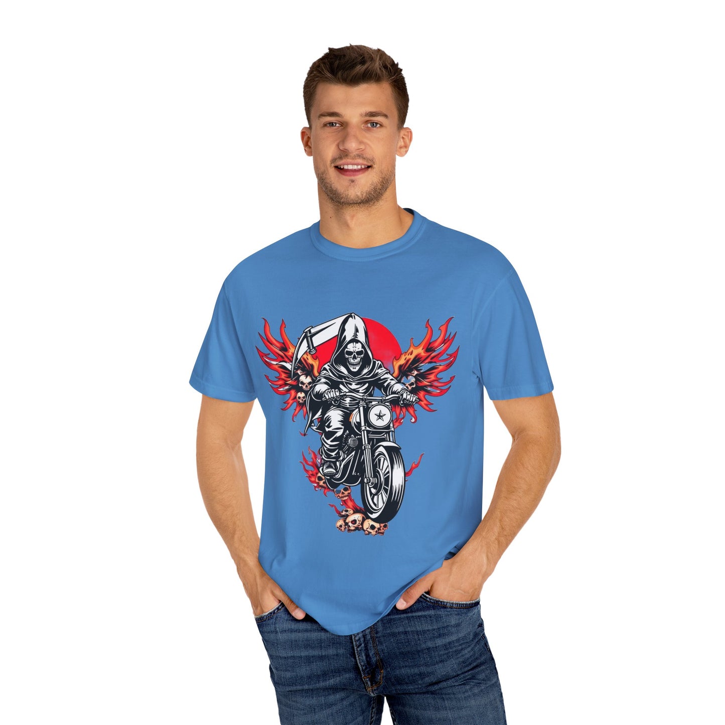 Unisex Motorcycle Grim Reaper T-Shirt - Bold Graphic Tee for Bikers and Rebels