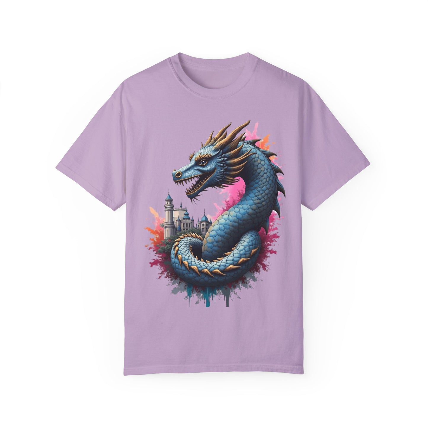 Fantasy Dragon Graphic Unisex T-Shirt - Colorful Castle Design