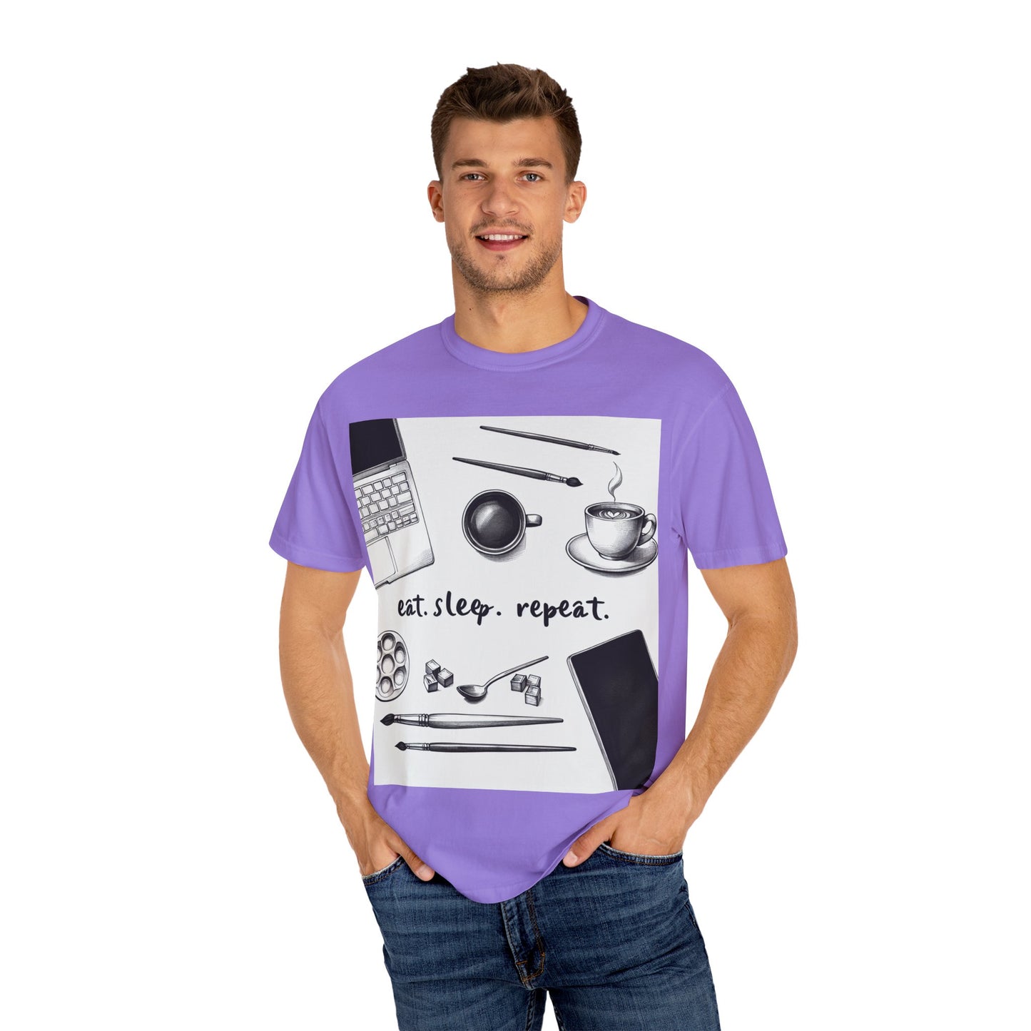 Unisex Garment-Dyed T-Shirt - Eat Sleep Repeat Coffee & Creativity Design