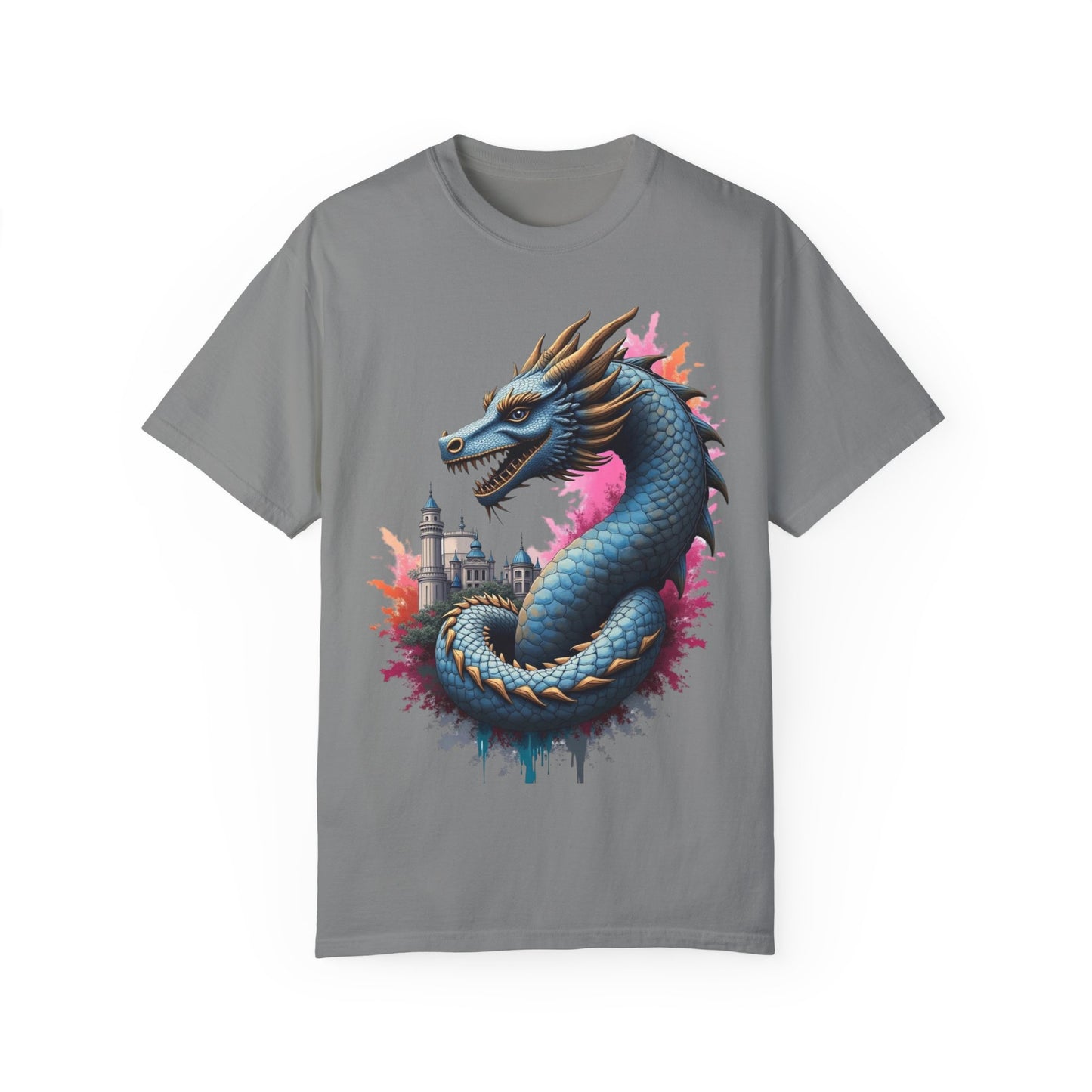 Fantasy Dragon Graphic Unisex T-Shirt - Colorful Castle Design