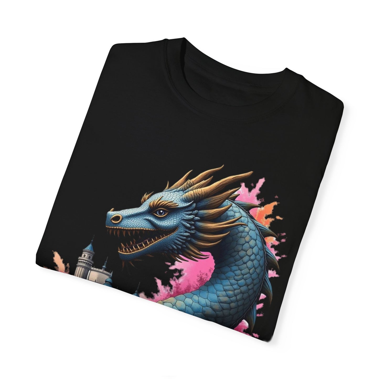 Fantasy Dragon Graphic Unisex T-Shirt - Colorful Castle Design