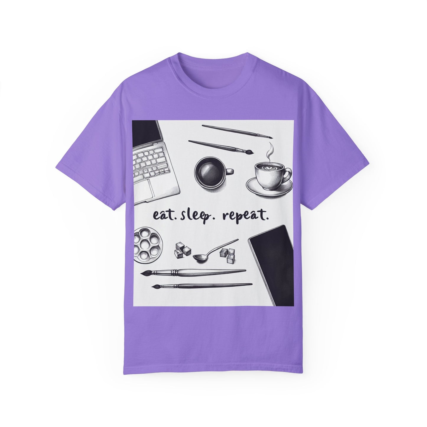 Unisex Garment-Dyed T-Shirt - Eat Sleep Repeat Coffee & Creativity Design