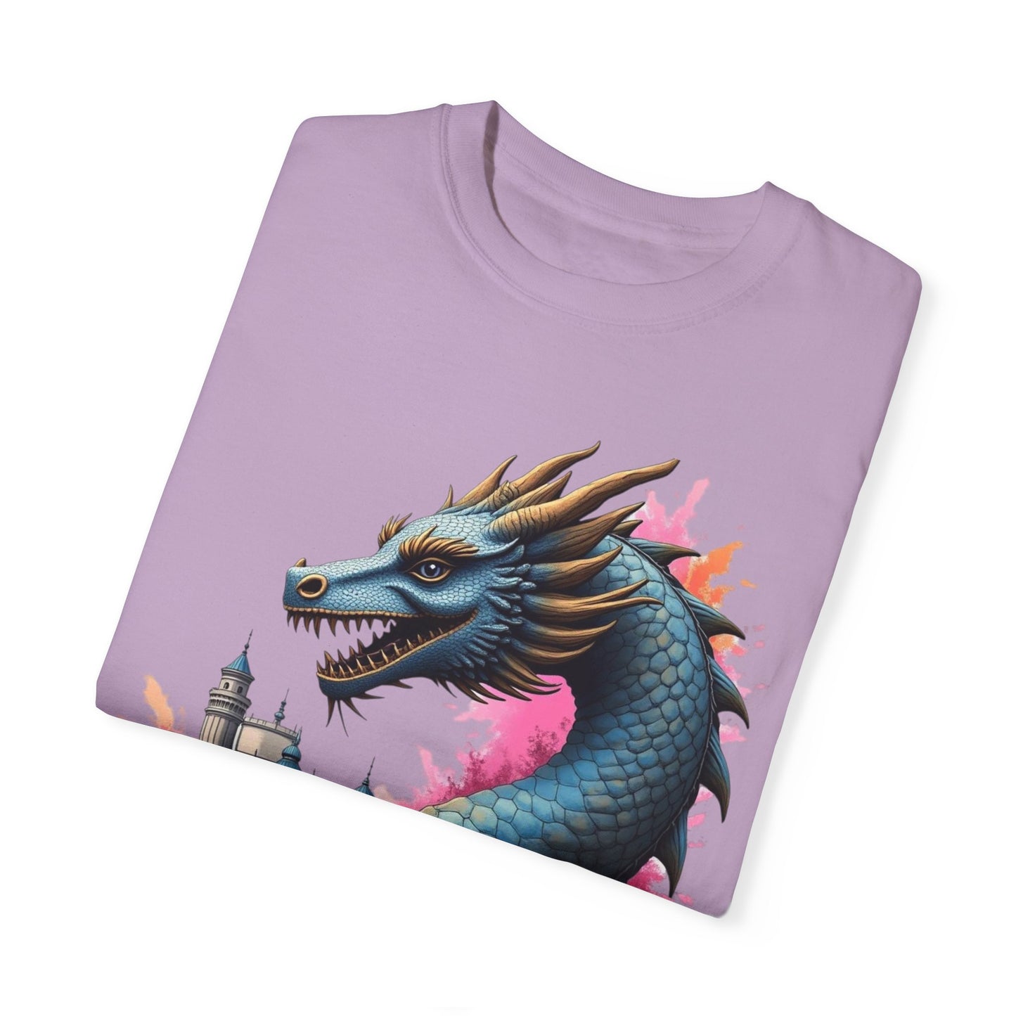 Fantasy Dragon Graphic Unisex T-Shirt - Colorful Castle Design