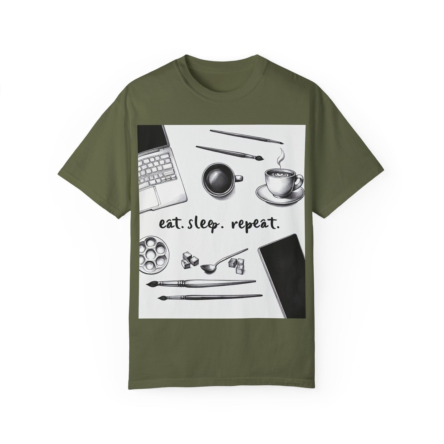 Unisex Garment-Dyed T-Shirt - Eat Sleep Repeat Coffee & Creativity Design