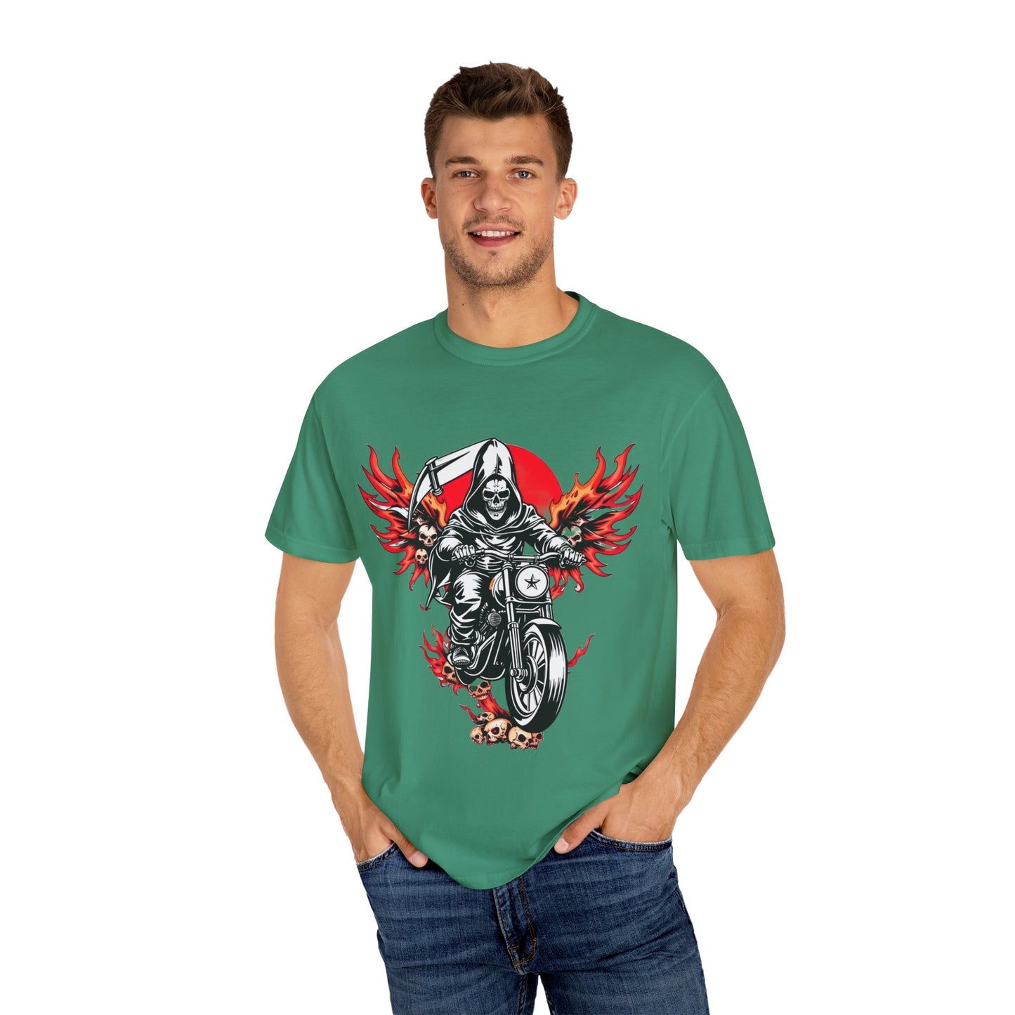 Unisex Motorcycle Grim Reaper T-Shirt - Bold Graphic Tee for Bikers and Rebels