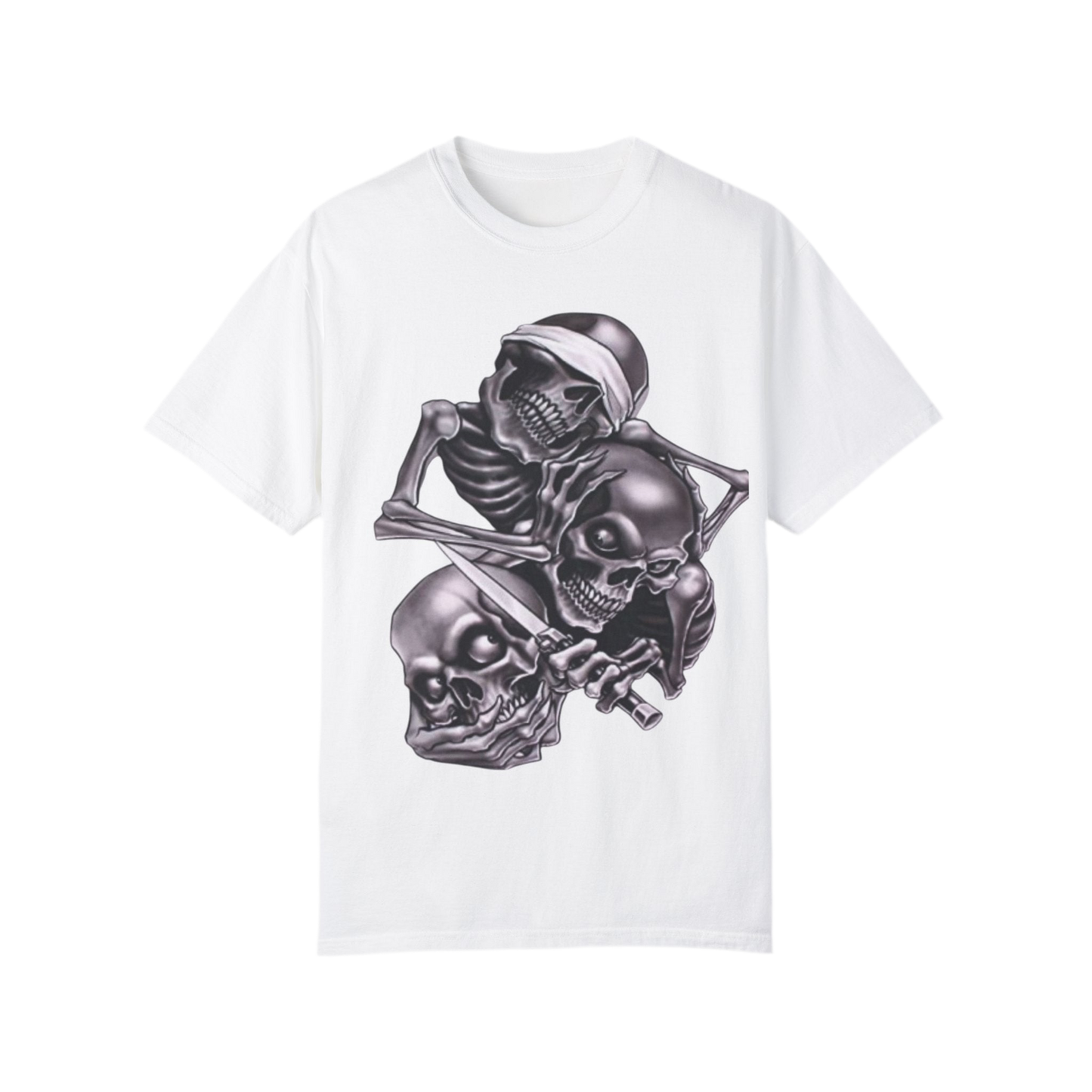 Unisex Garment-Dyed T-Shirt with Skull Design -hear no evil speak no evil see no evil- Edgy Streetwear for Halloween and Everyday
