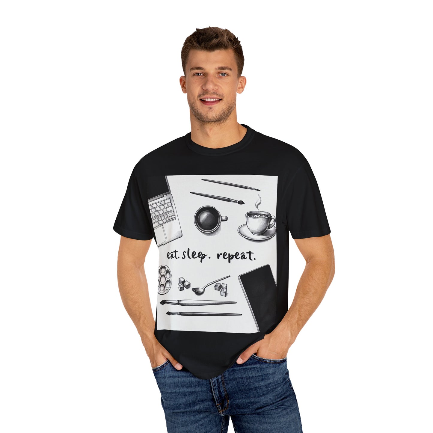 Unisex Garment-Dyed T-Shirt - Eat Sleep Repeat Coffee & Creativity Design