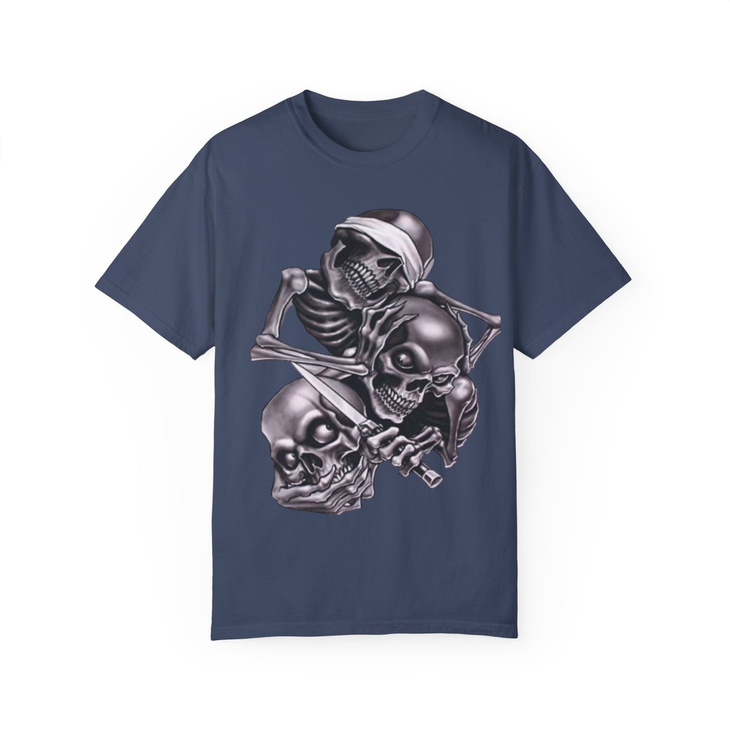 Unisex Garment-Dyed T-Shirt with Skull Design -hear no evil speak no evil see no evil- Edgy Streetwear for Halloween and Everyday