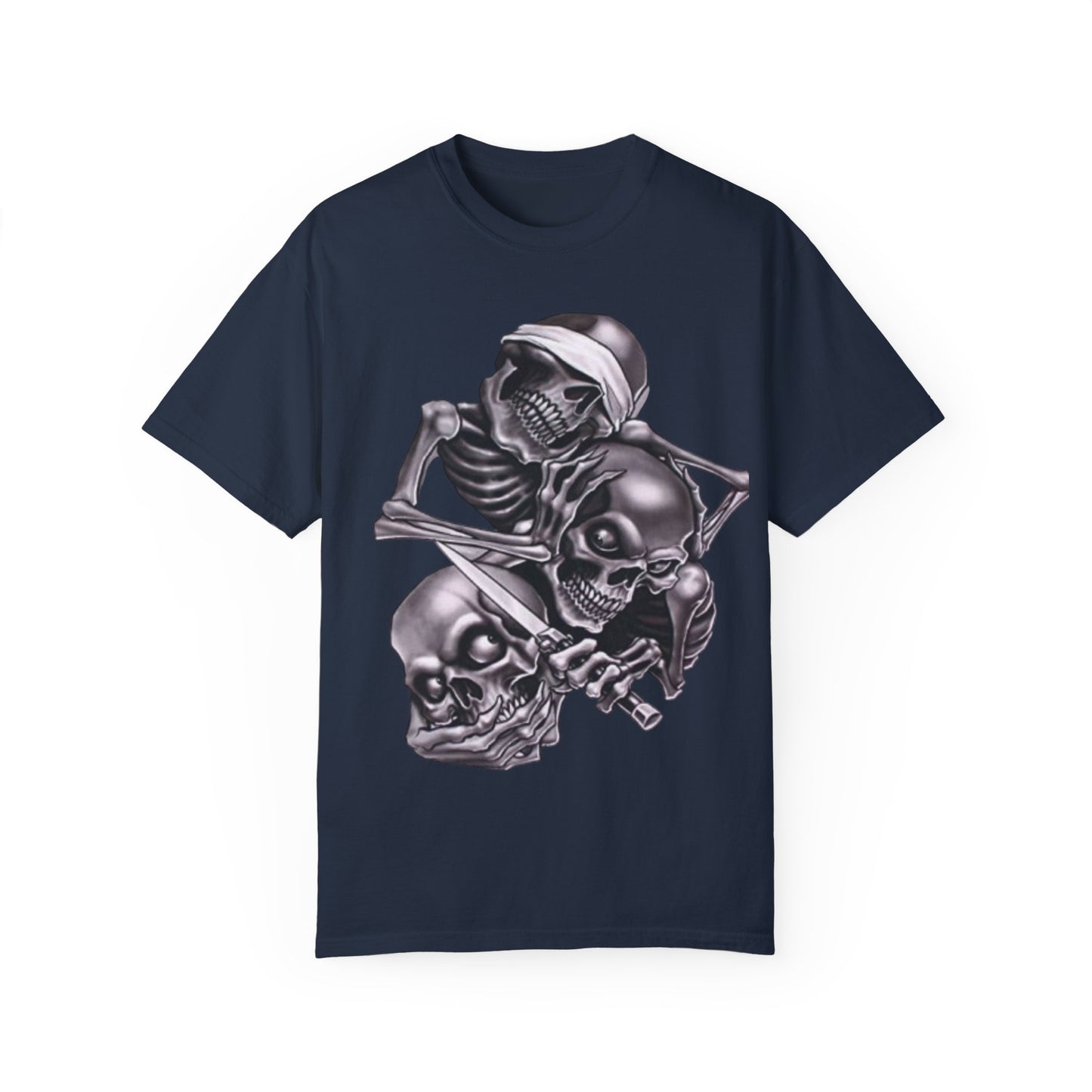 Unisex Garment-Dyed T-Shirt with Skull Design -hear no evil speak no evil see no evil- Edgy Streetwear for Halloween and Everyday