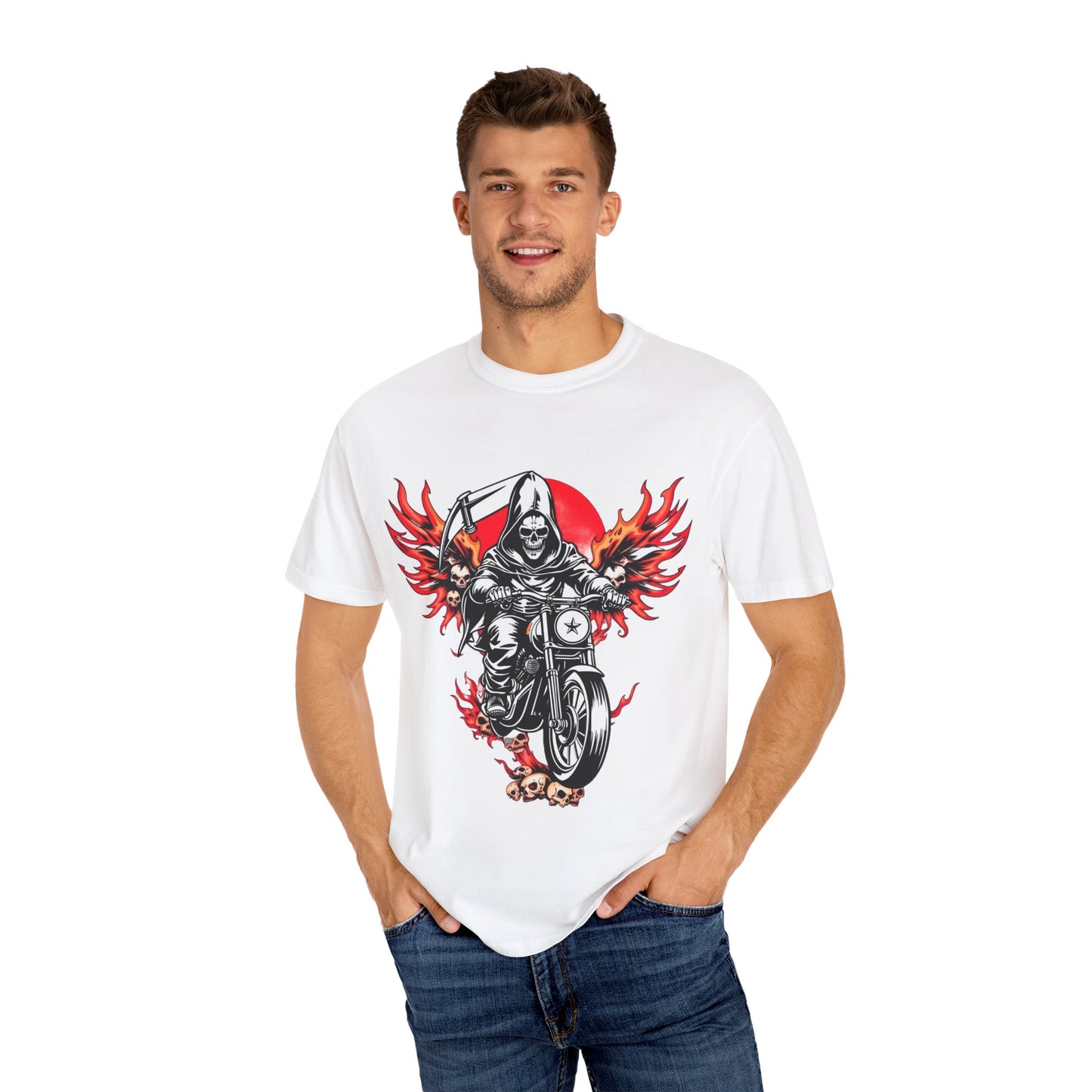Unisex Motorcycle Grim Reaper T-Shirt - Bold Graphic Tee for Bikers and Rebels