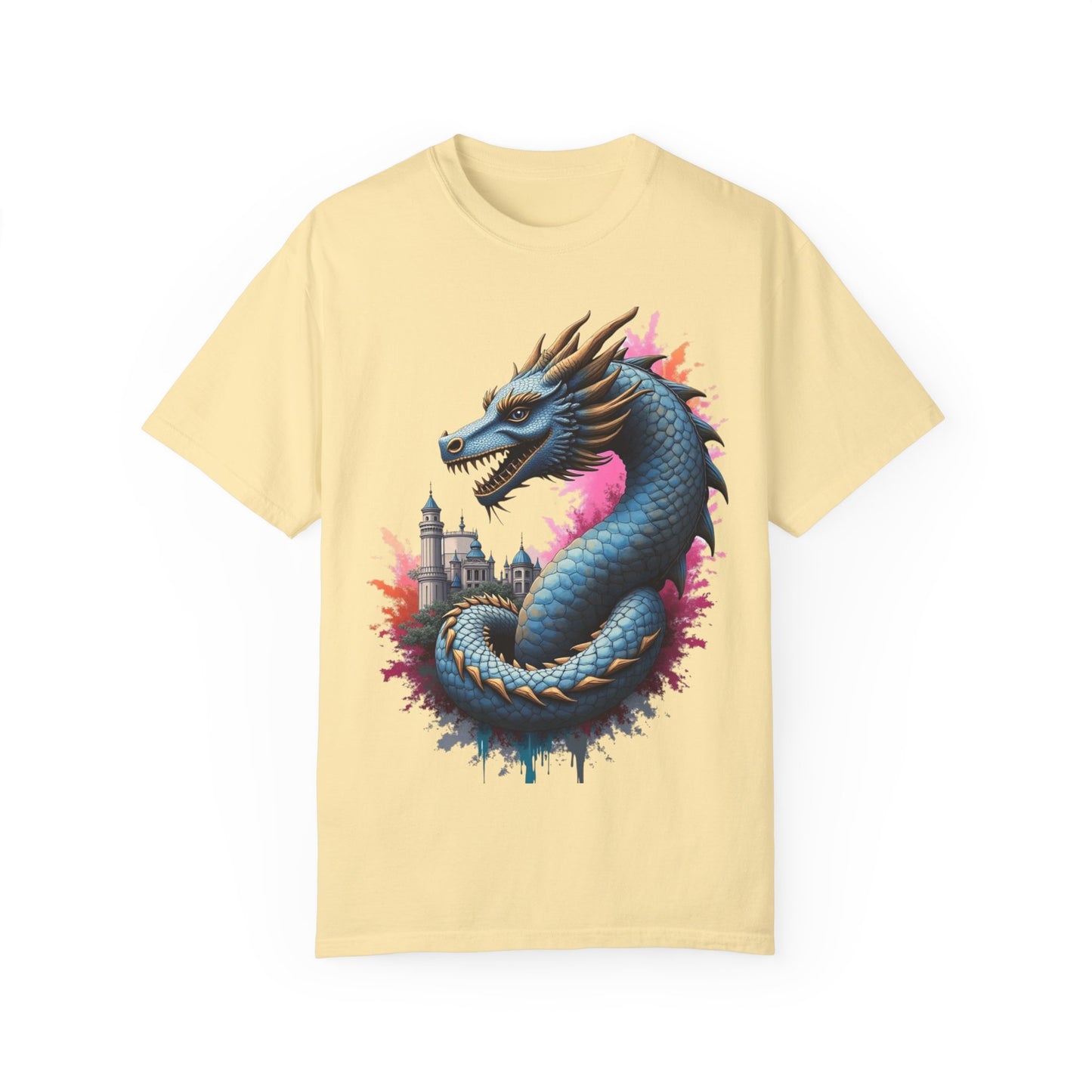 Fantasy Dragon Graphic Unisex T-Shirt - Colorful Castle Design