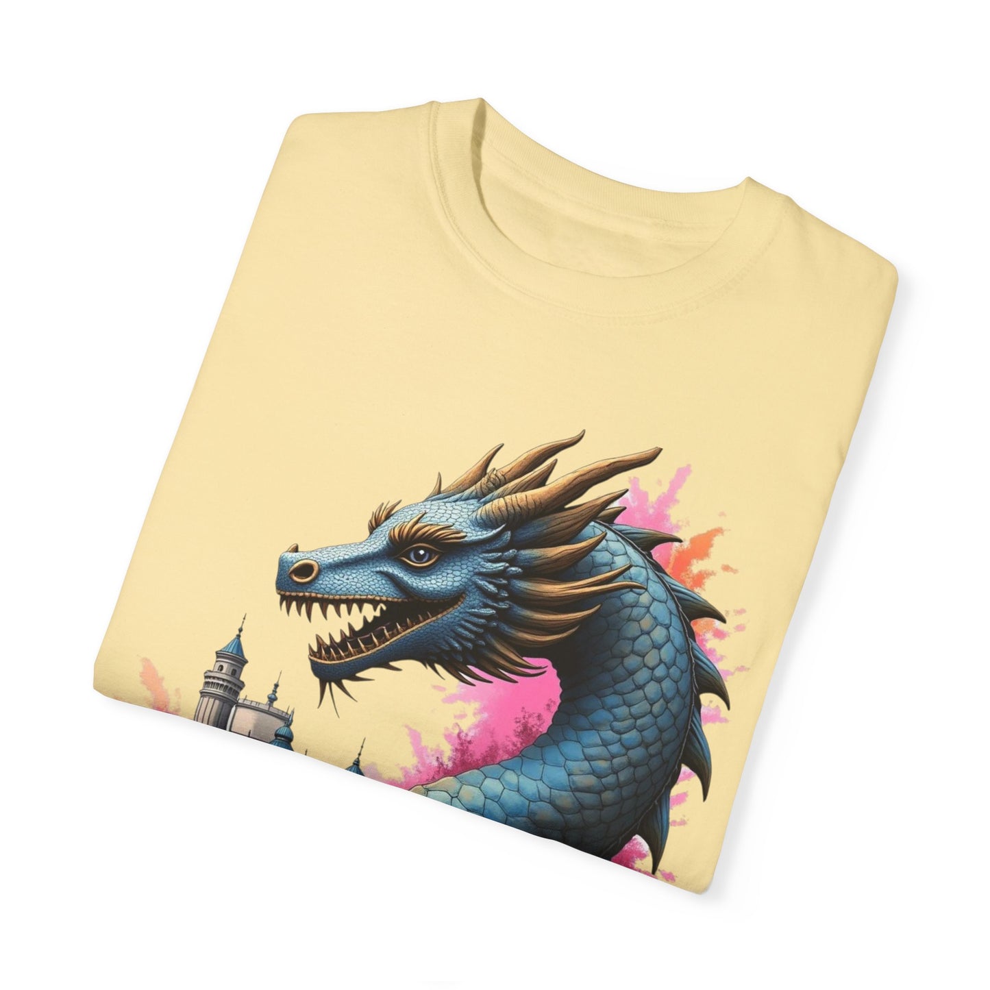 Fantasy Dragon Graphic Unisex T-Shirt - Colorful Castle Design