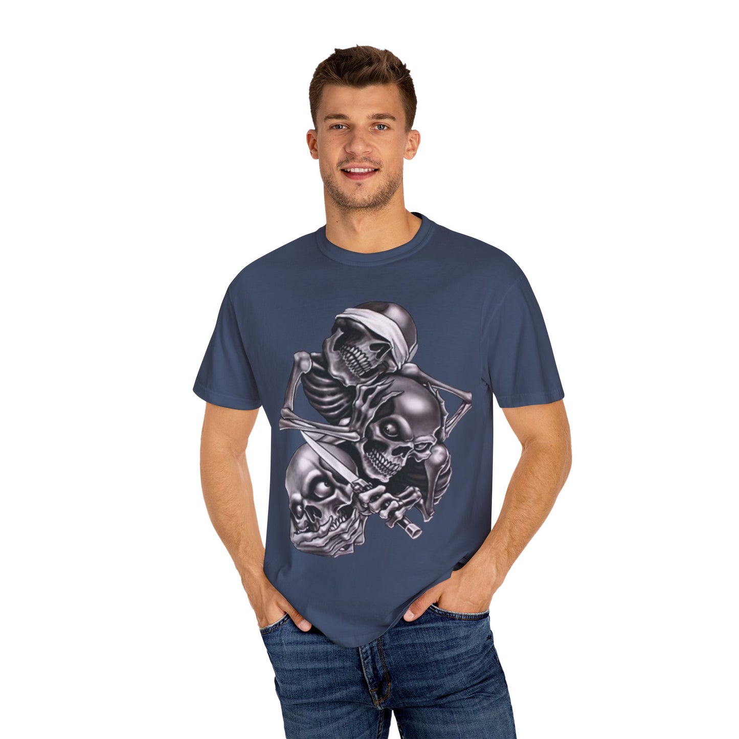Unisex Garment-Dyed T-Shirt with Skull Design -hear no evil speak no evil see no evil- Edgy Streetwear for Halloween and Everyday