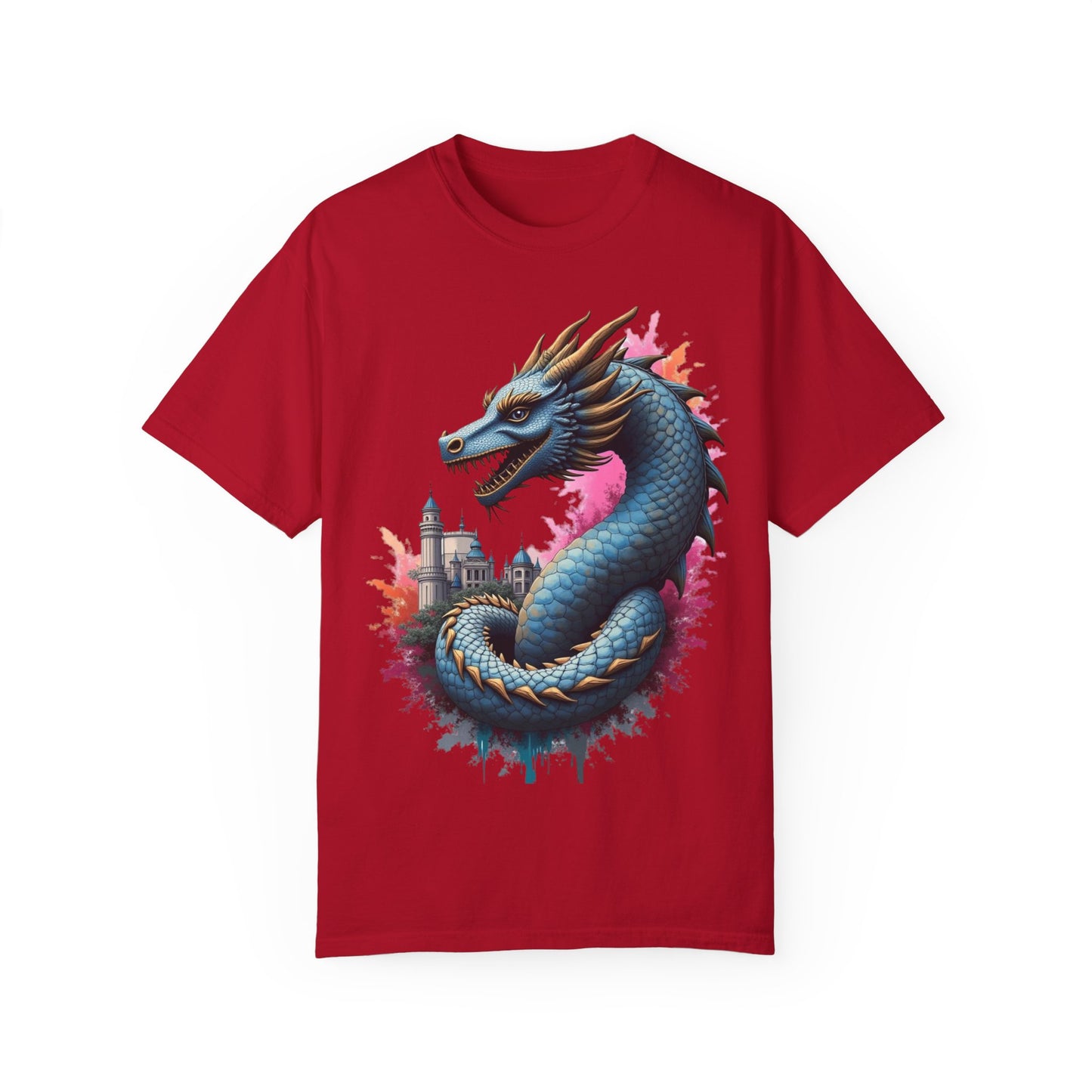 Fantasy Dragon Graphic Unisex T-Shirt - Colorful Castle Design