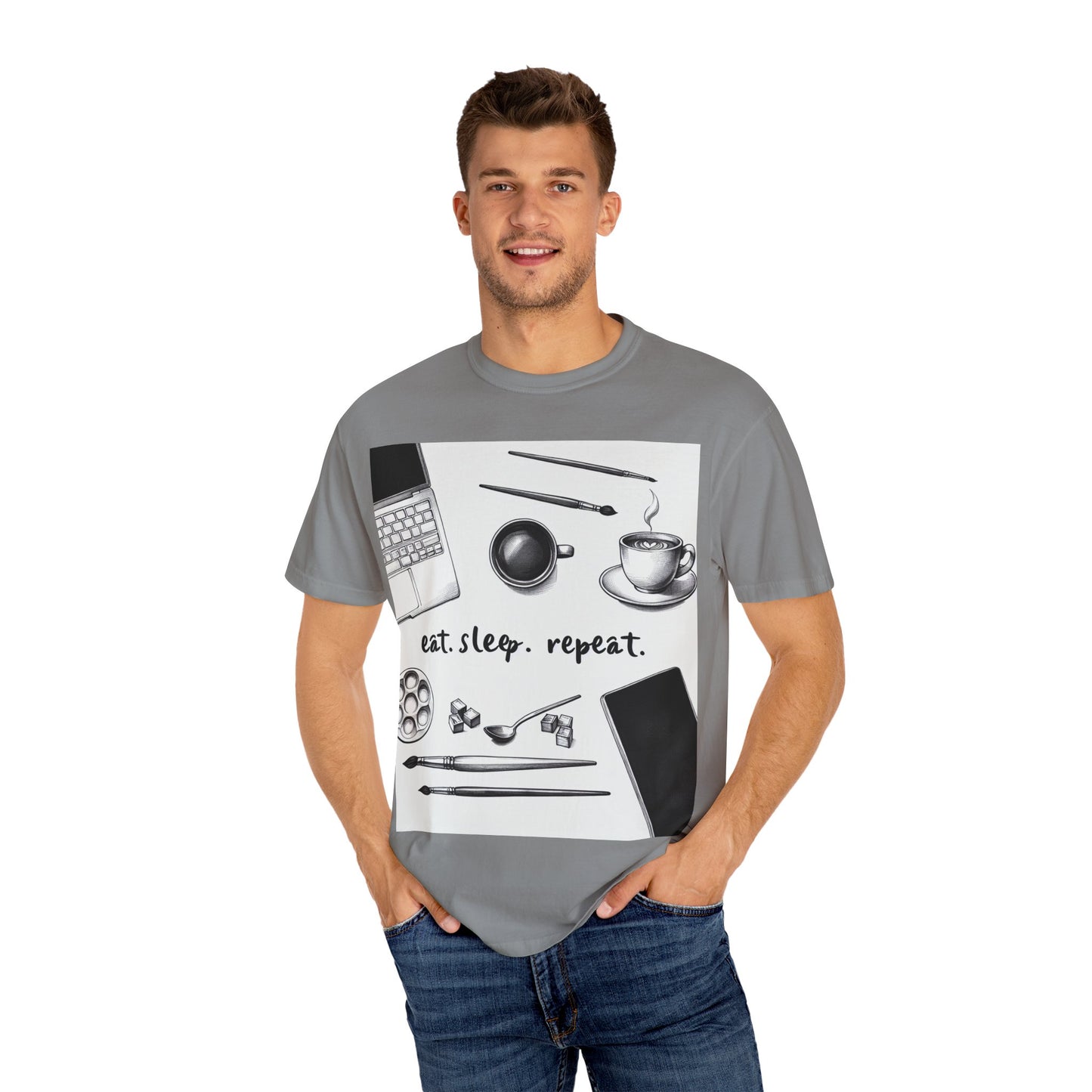 Unisex Garment-Dyed T-Shirt - Eat Sleep Repeat Coffee & Creativity Design