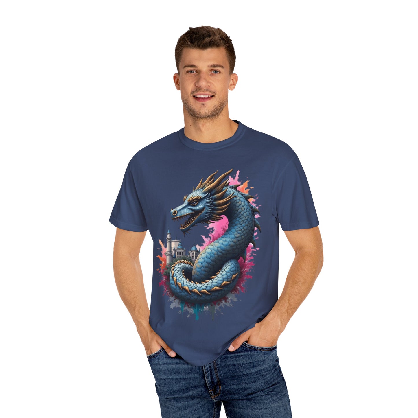 Fantasy Dragon Graphic Unisex T-Shirt - Colorful Castle Design