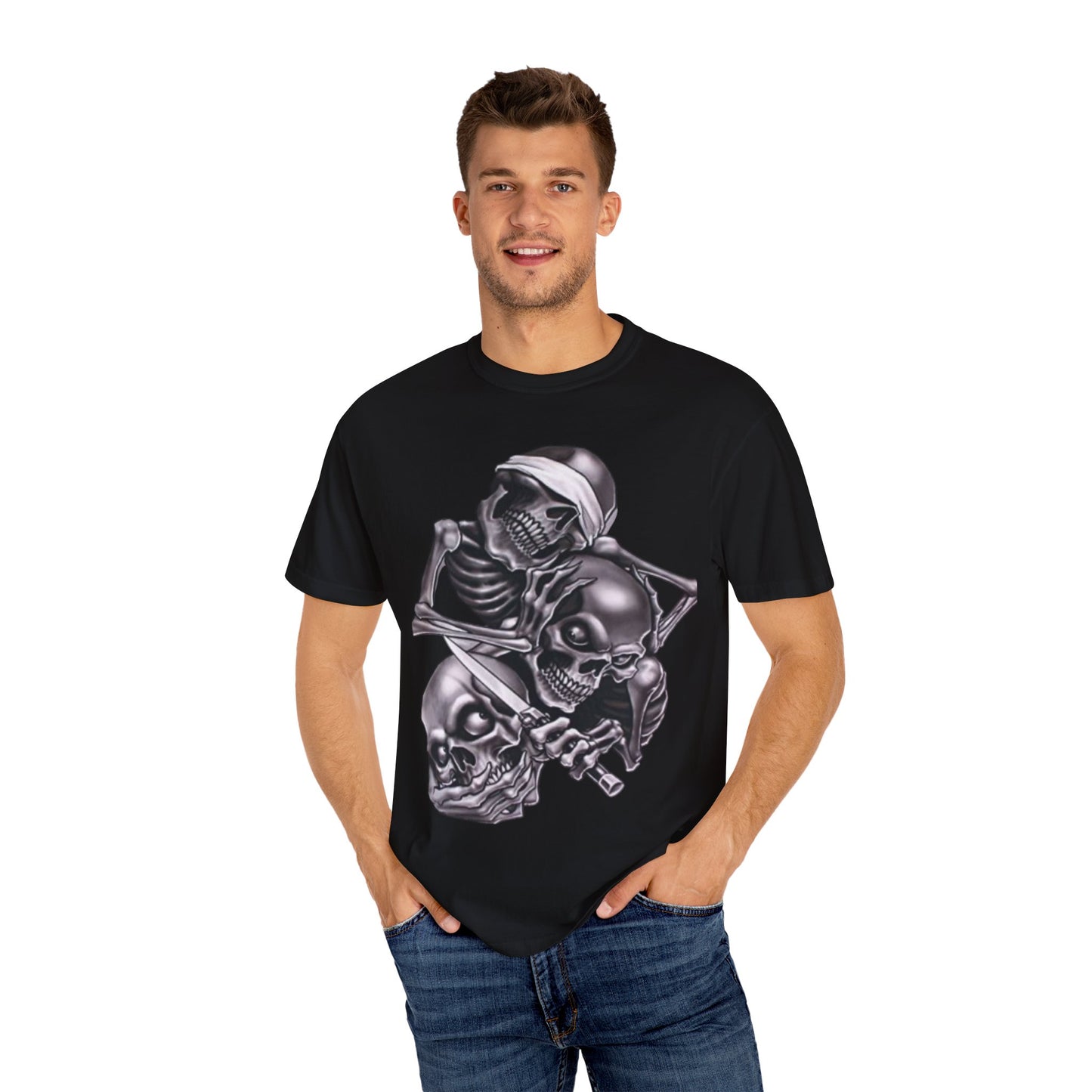 Unisex Garment-Dyed T-Shirt with Skull Design -hear no evil speak no evil see no evil- Edgy Streetwear for Halloween and Everyday