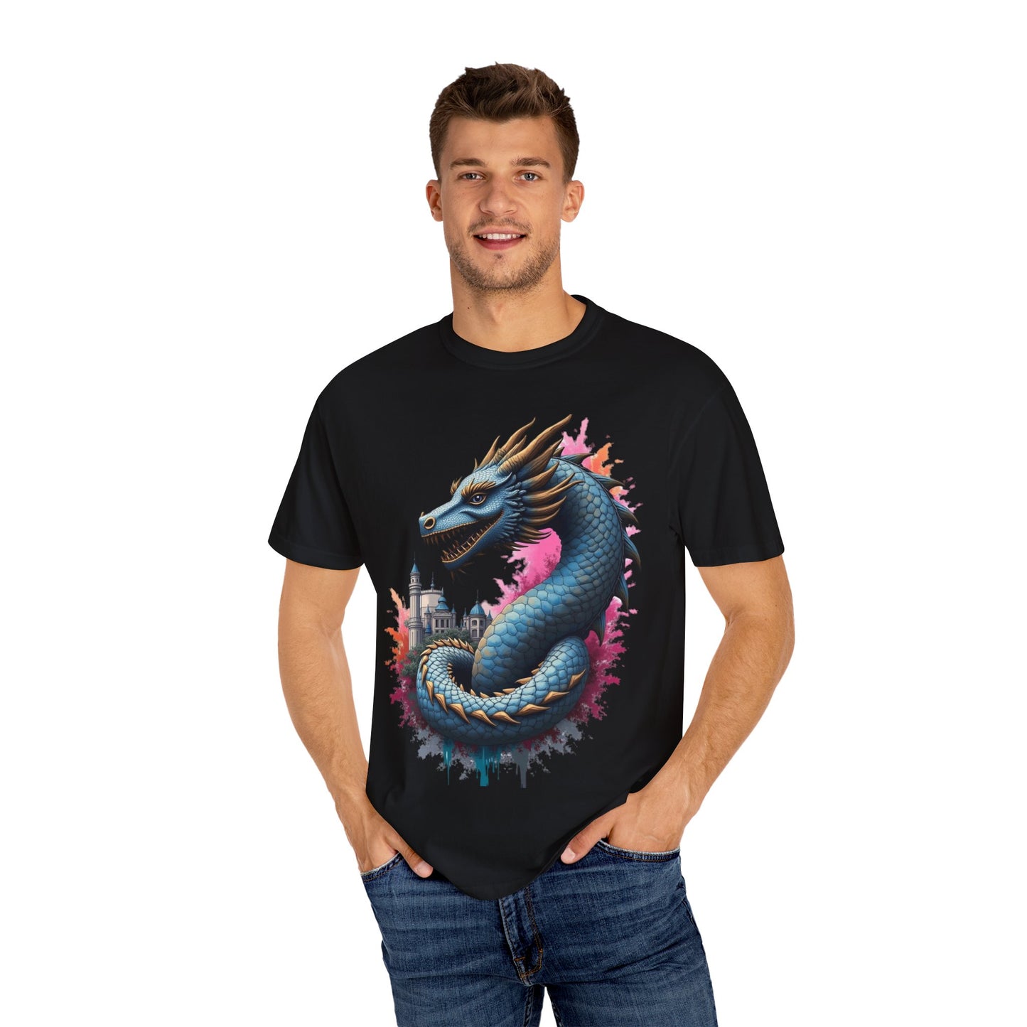 Fantasy Dragon Graphic Unisex T-Shirt - Colorful Castle Design