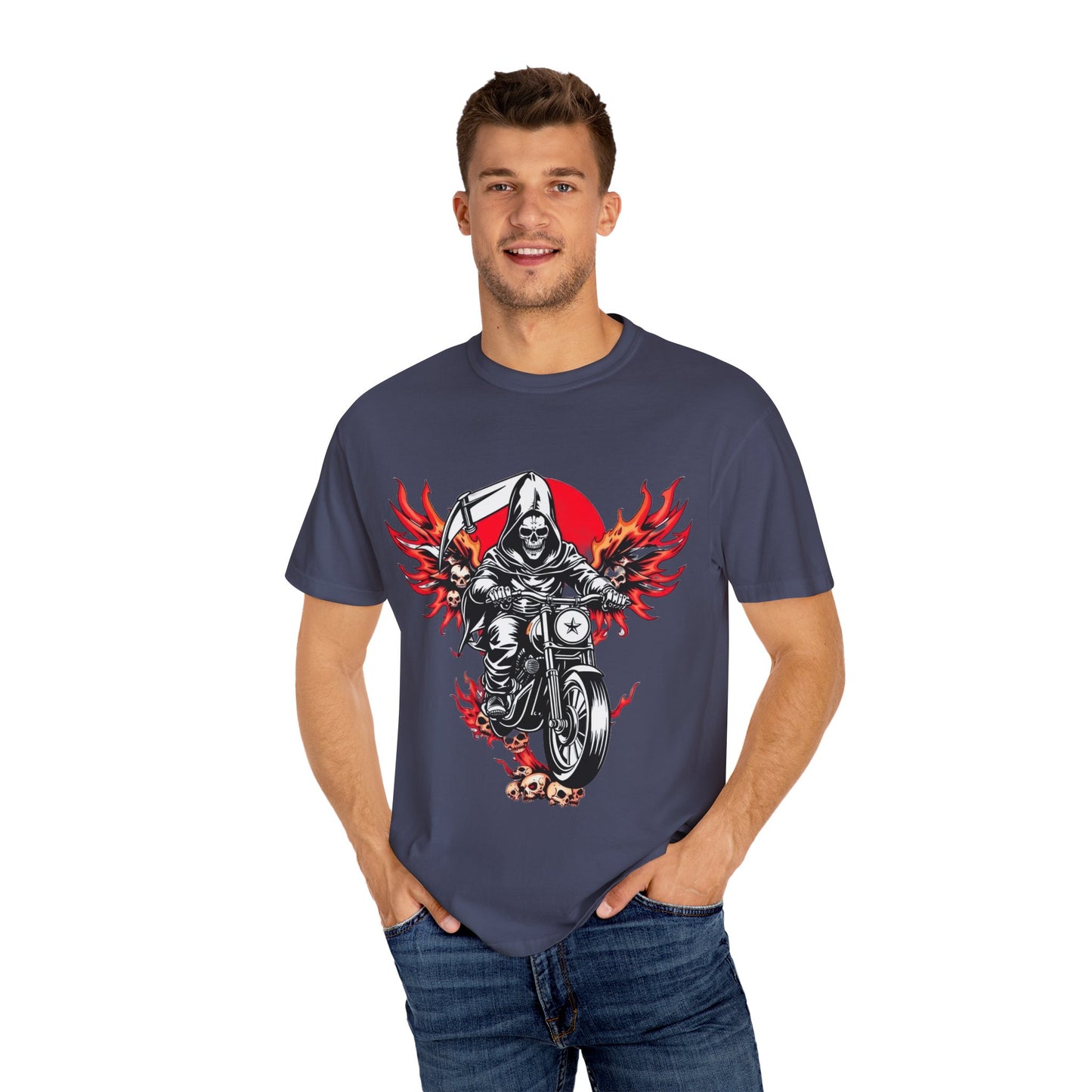 Unisex Motorcycle Grim Reaper T-Shirt - Bold Graphic Tee for Bikers and Rebels