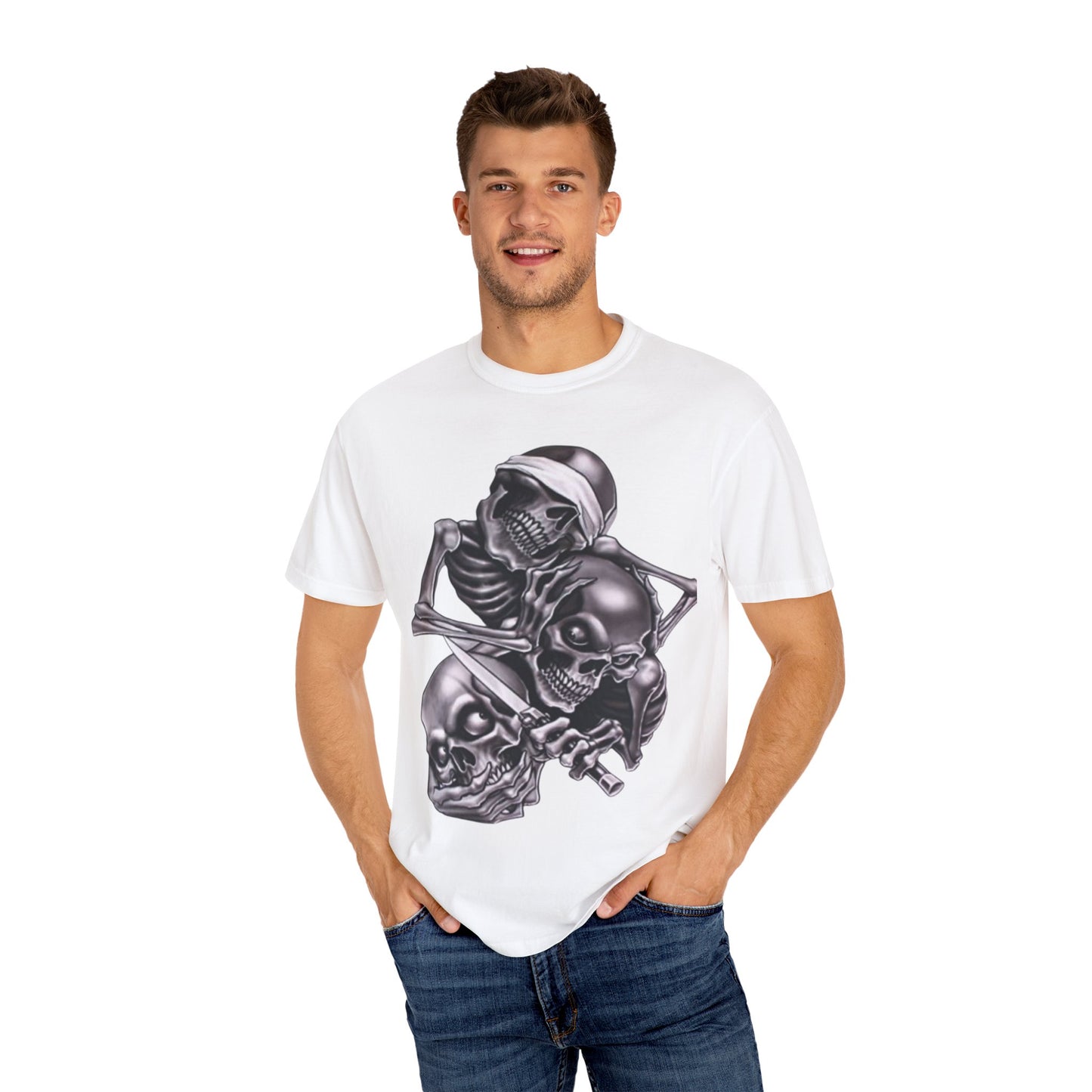 Unisex Garment-Dyed T-Shirt with Skull Design -hear no evil speak no evil see no evil- Edgy Streetwear for Halloween and Everyday