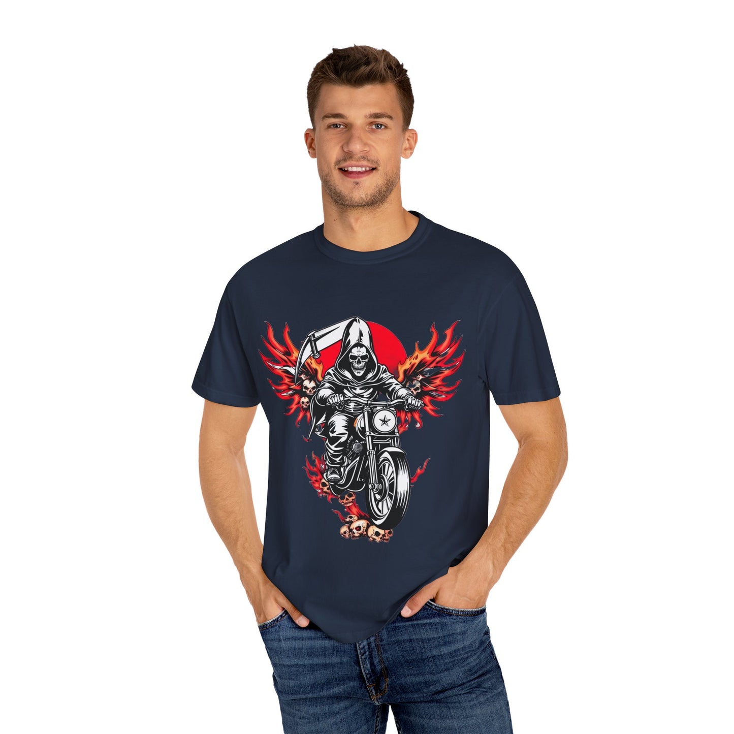 Unisex Motorcycle Grim Reaper T-Shirt - Bold Graphic Tee for Bikers and Rebels