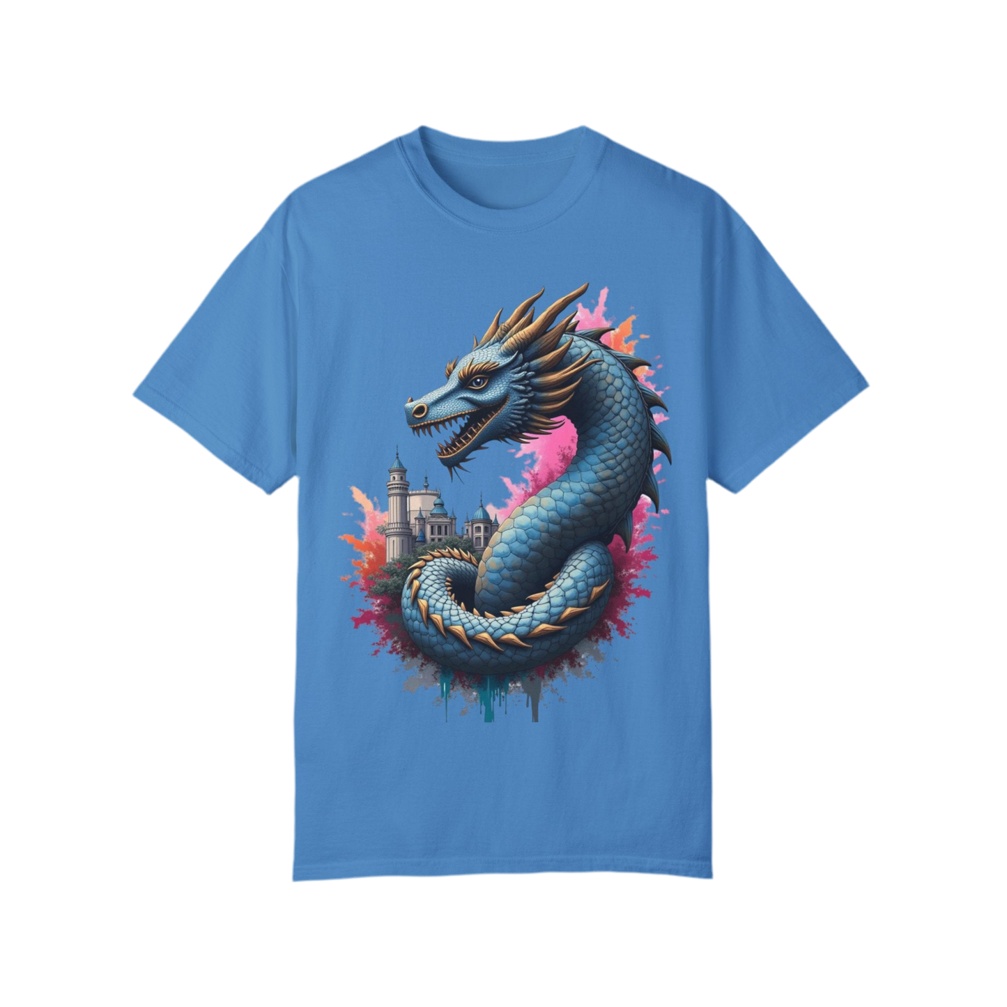 Fantasy Dragon Graphic Unisex T-Shirt - Colorful Castle Design