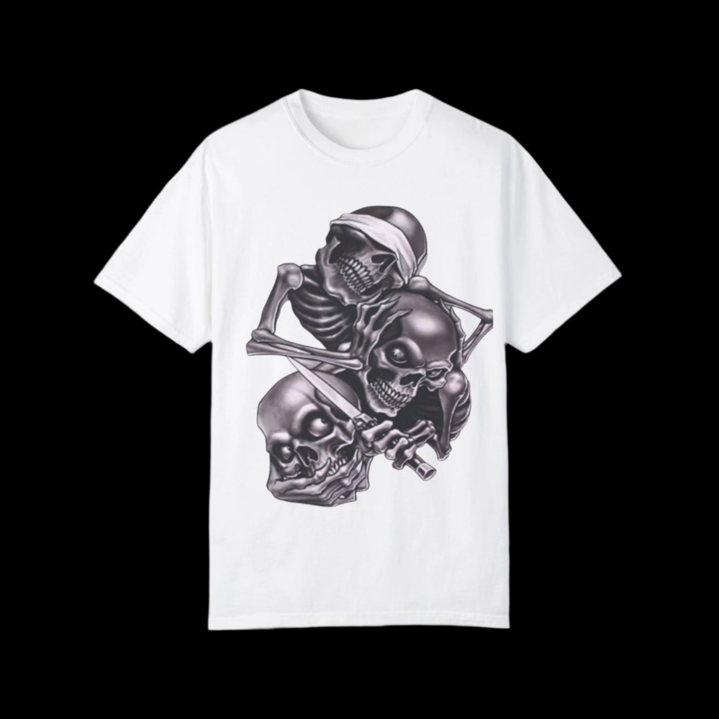 Unisex Garment-Dyed T-Shirt with Skull Design -hear no evil speak no evil see no evil- Edgy Streetwear for Halloween and Everyday