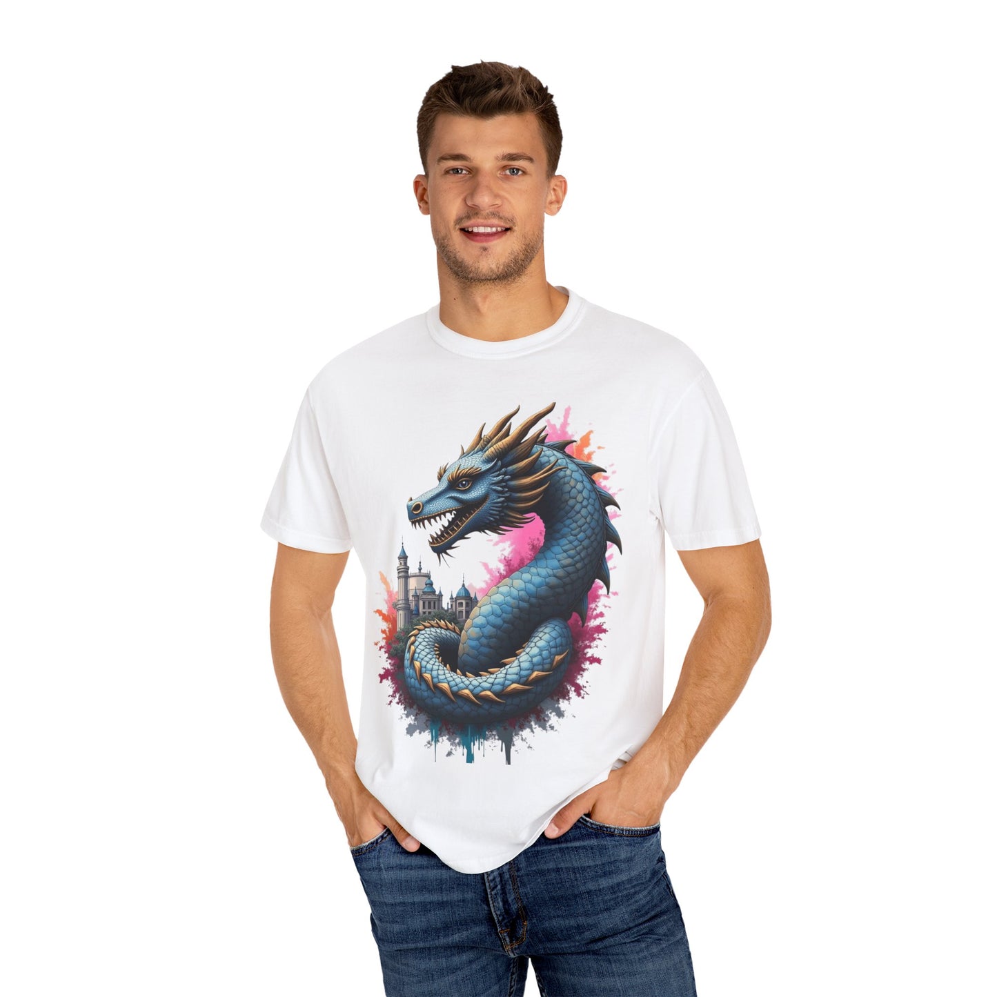Fantasy Dragon Graphic Unisex T-Shirt - Colorful Castle Design