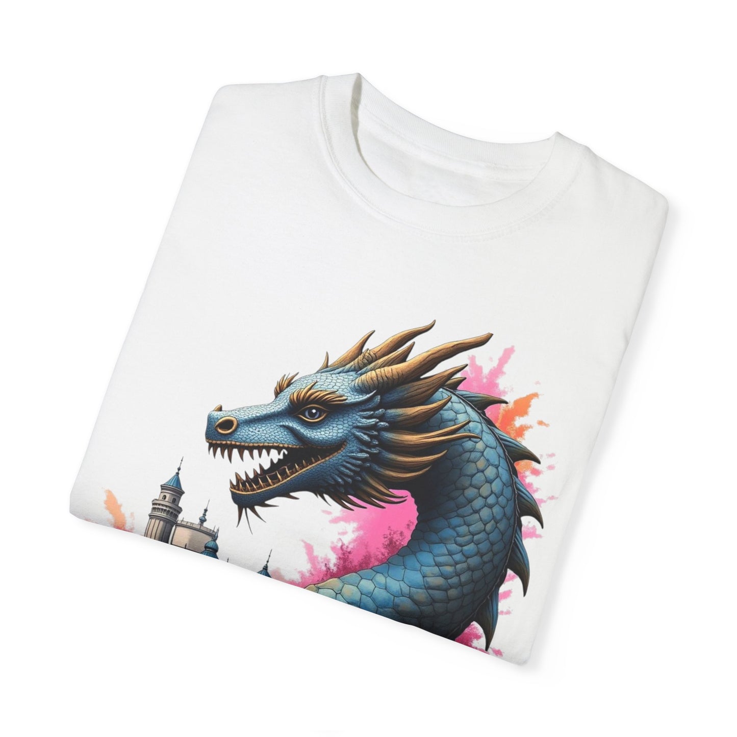Fantasy Dragon Graphic Unisex T-Shirt - Colorful Castle Design
