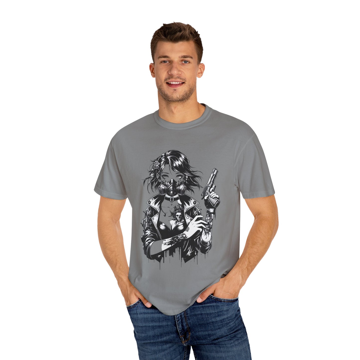 Edgy Graphic T-Shirt - Rebel Woman with Gun Design