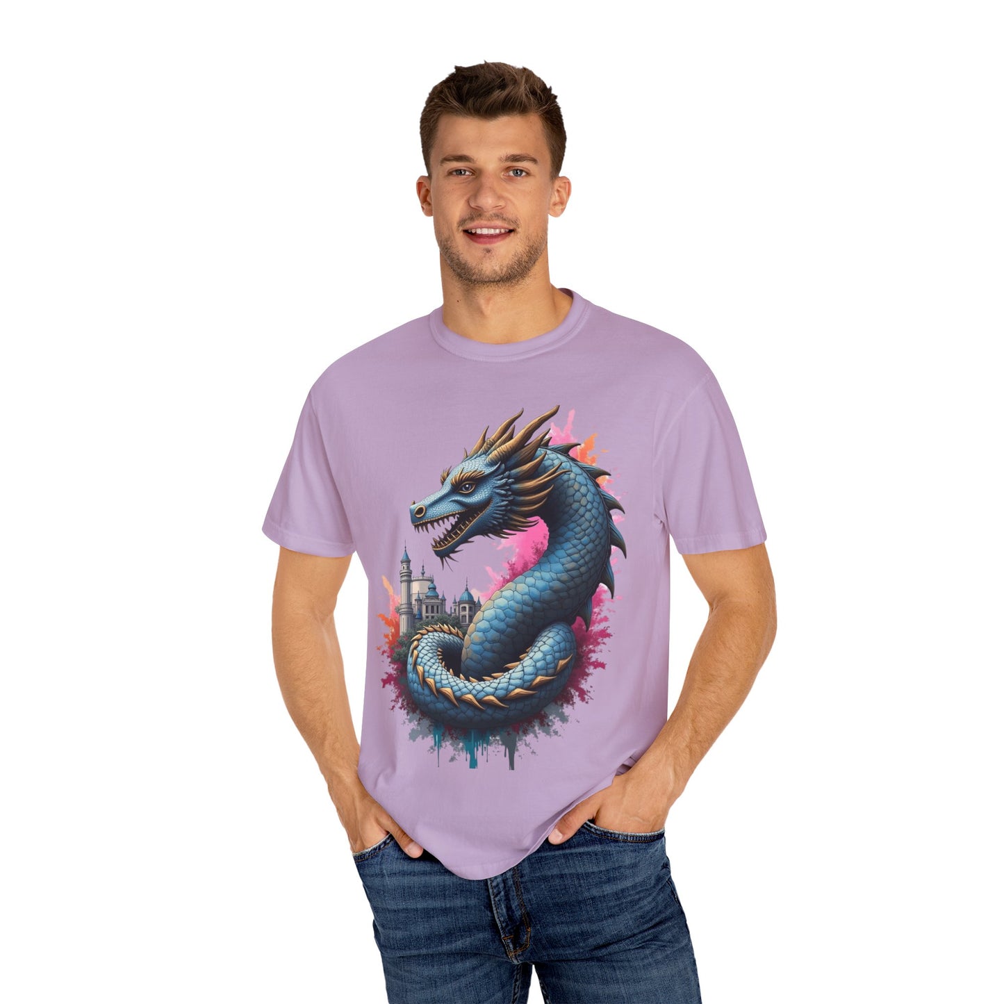 Fantasy Dragon Graphic Unisex T-Shirt - Colorful Castle Design