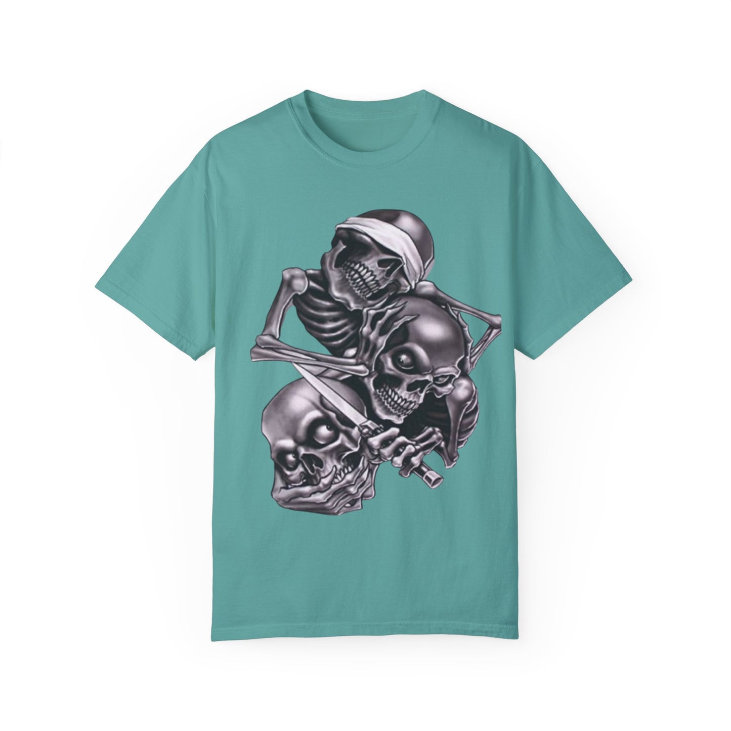 Unisex Garment-Dyed T-Shirt with Skull Design -hear no evil speak no evil see no evil- Edgy Streetwear for Halloween and Everyday